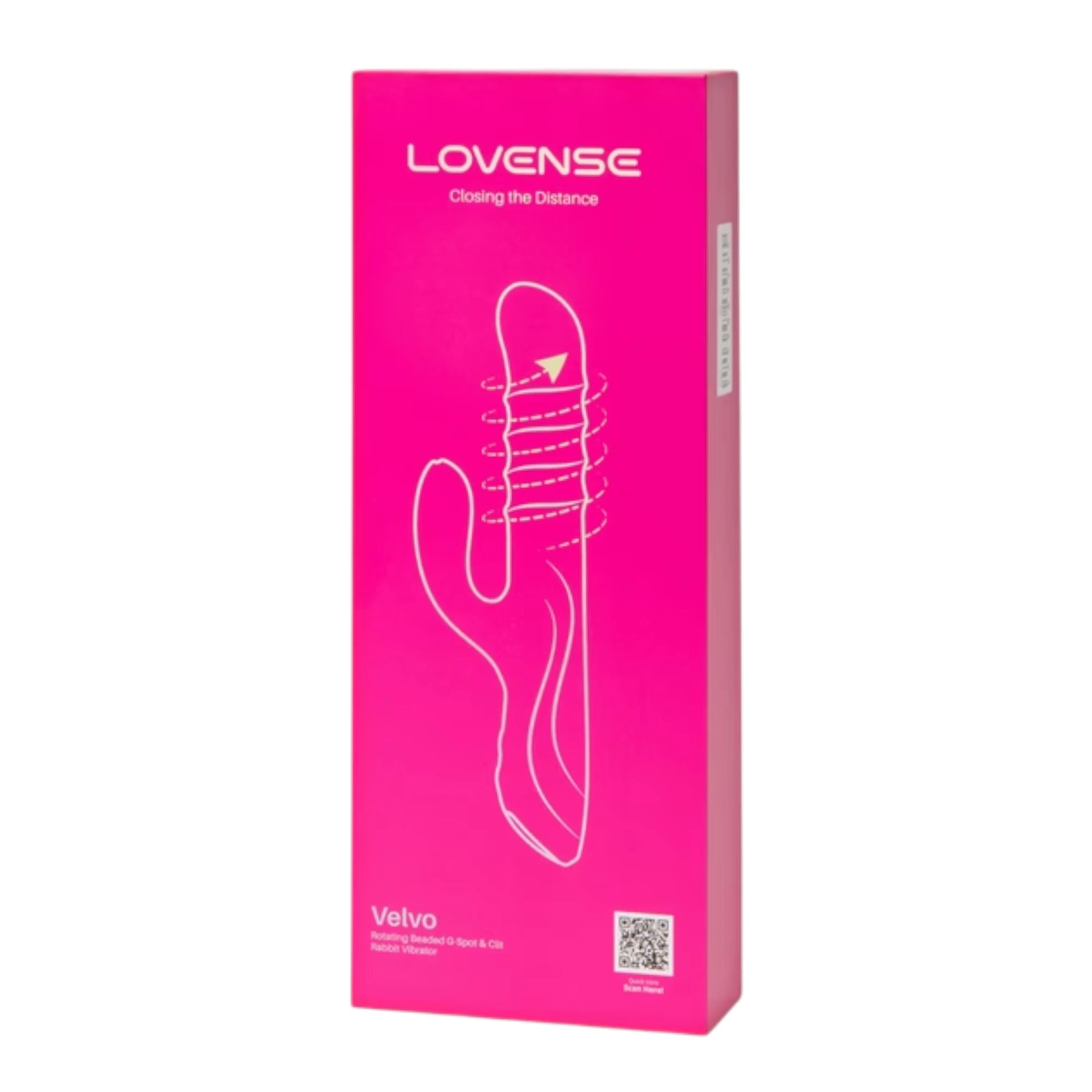 Lovense Velvo packaging box in pink with product illustration, tagline "Closing the Distance", and QR code against white background
