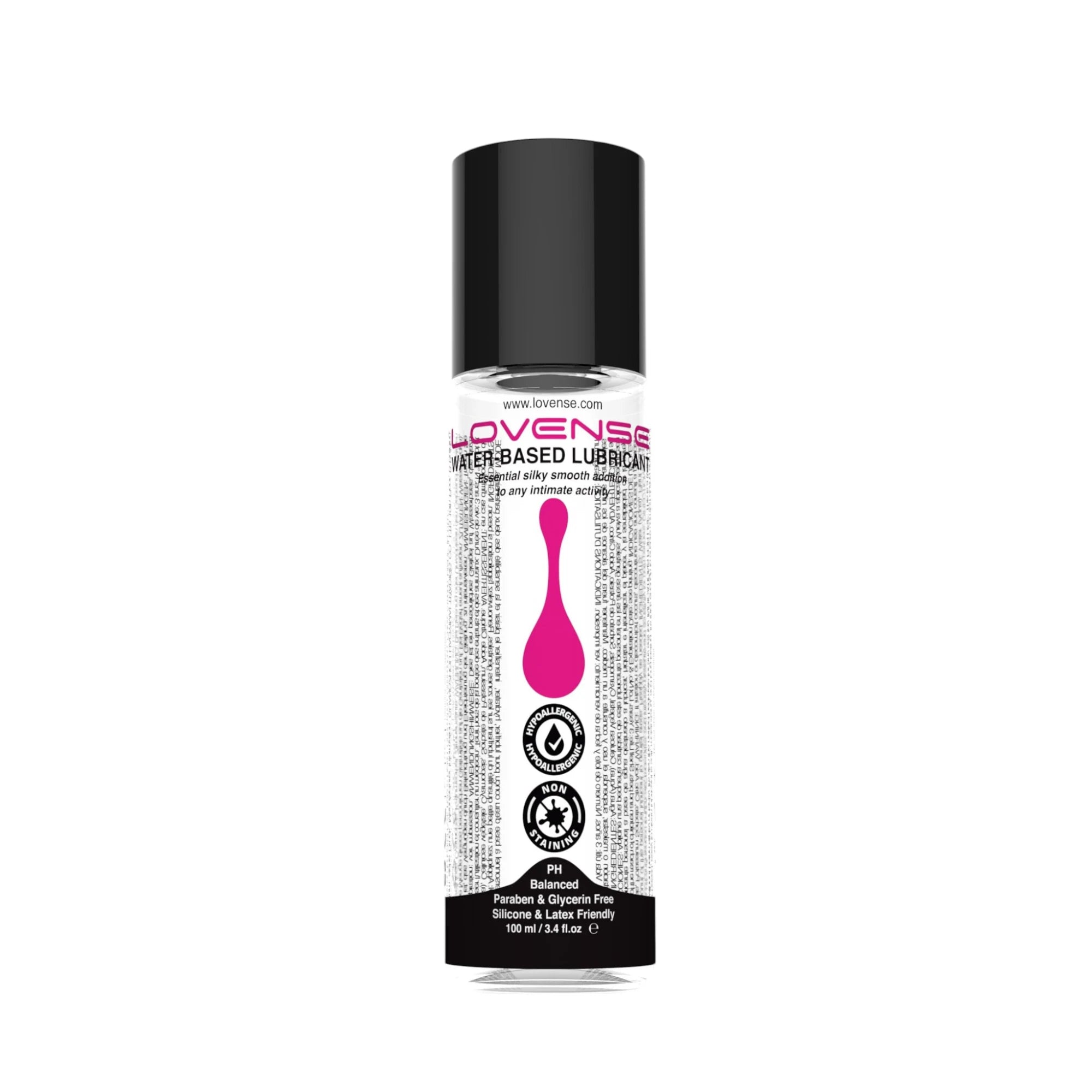 Lovense water-based lubricant 100ml bottle shown upright, featuring a clear bottle with black cap, Lovense branding and product label icons for hypoallergenic, non-staining and pH balanced formula against a white background