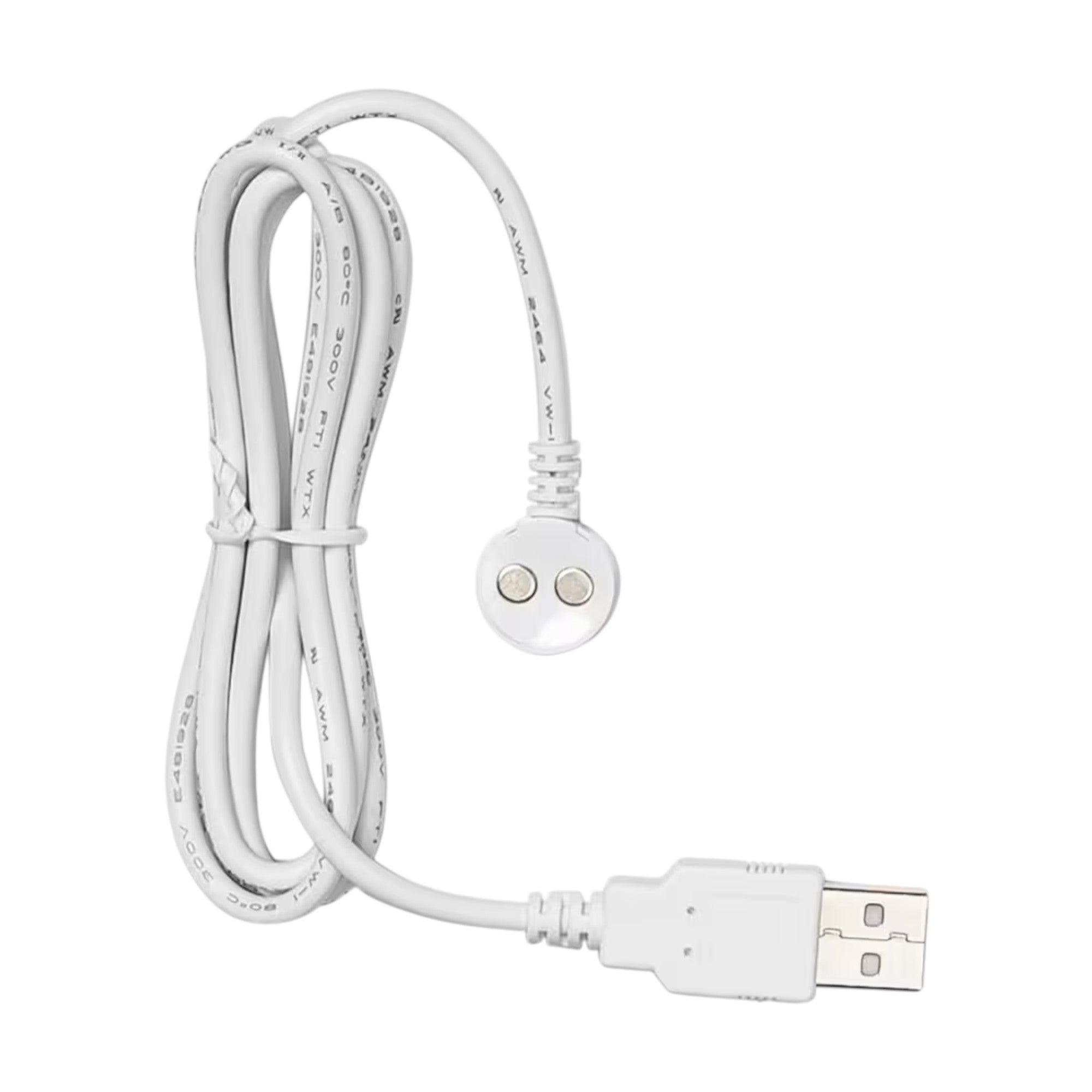 Lovense white USB magnetic charging cable shown displayed with coiled cable, white circular magnetic connector head with two metal contact points, and white USB connector against white background