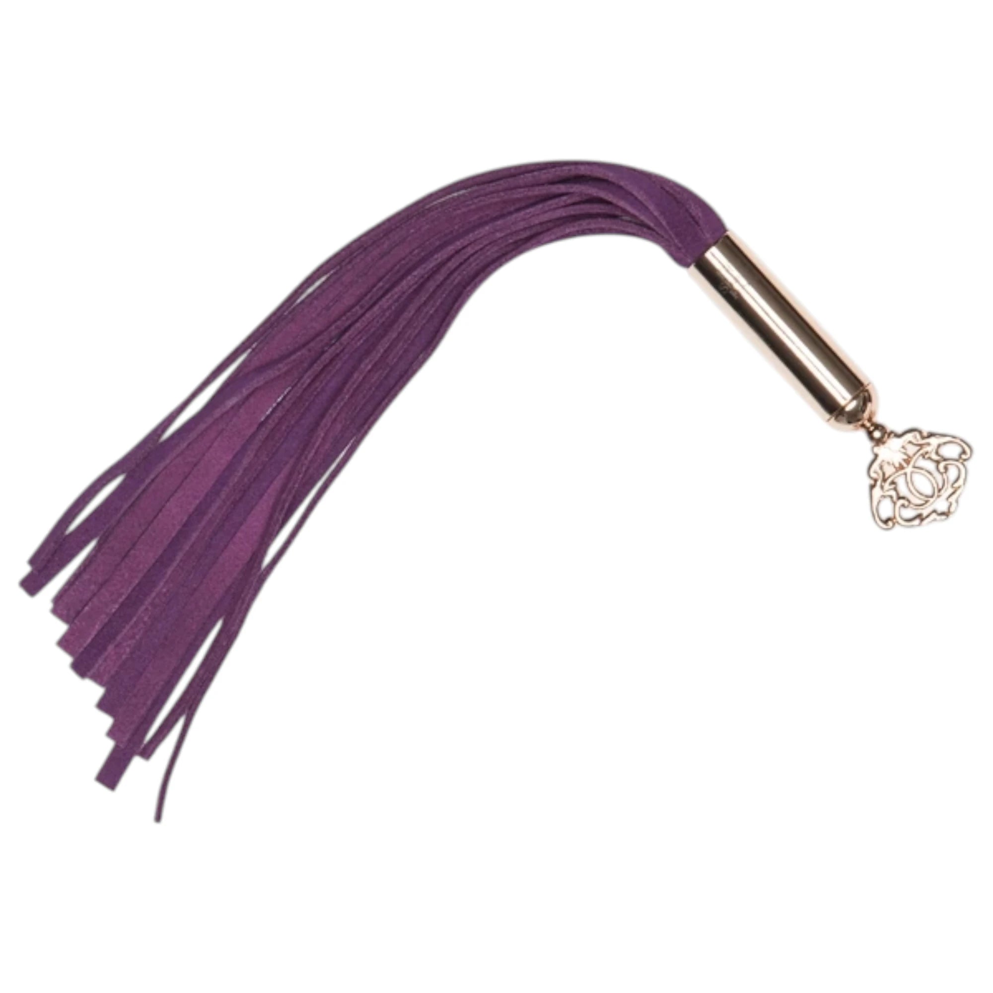 Fifty Shades Freed Cherished Collection mini flogger with short purple faux-leather tails and a rose-gold handle, finished with an ornate key-shaped charm at the end against a white background.