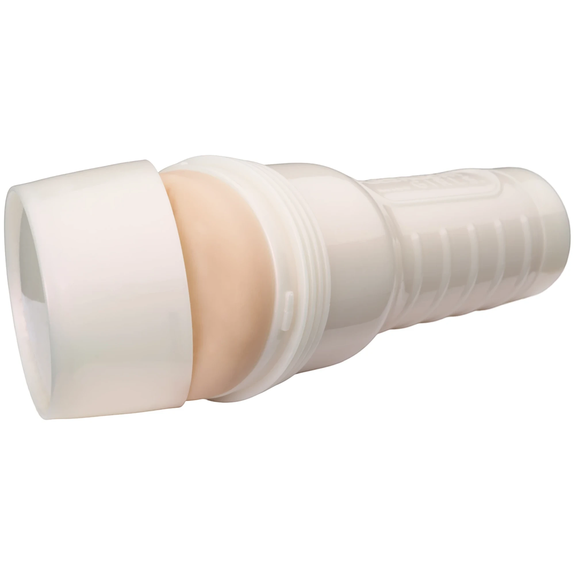 Fleshlight Butt Mia Malkova Boss Level Texture stroker toy shown from side displaying white cylindrical case with ribbed grip and textured internal anal sleeve visible against white background"