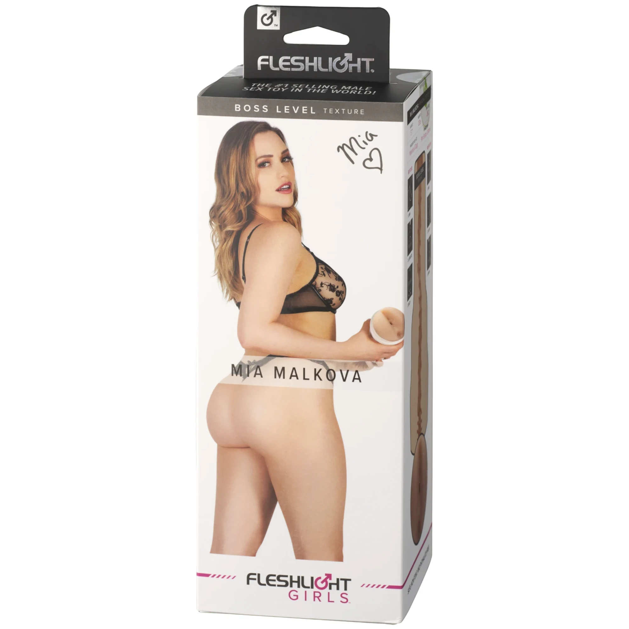 Fleshlight Butt Mia Malkova Boss Level Texture packaging box with grey header, white body featuring Mia Malkova portrait and signature, product texture details on right side, and Fleshlight Girls branding with pink accents against white background"