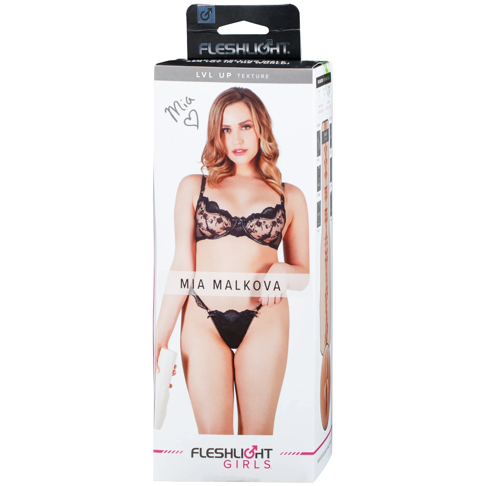 Fleshlight Girls Mia Malkova Lvl Up texture packaging box shown from front displaying model photo, 'Lvl Up Texture' label, Mia Malkova name, Fleshlight Girls branding, and product window cutout on side against white background