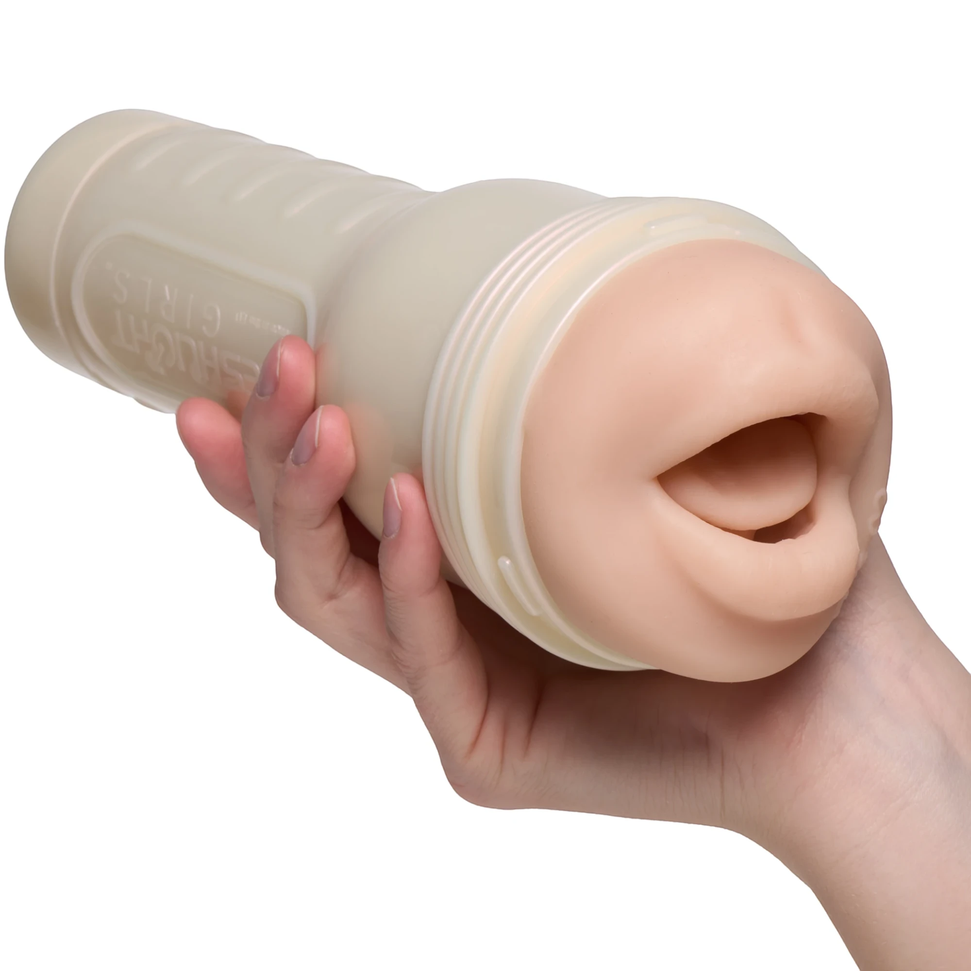 Hand holding the Fleshlight Girls Mia Malkova sleeve and case on a white background