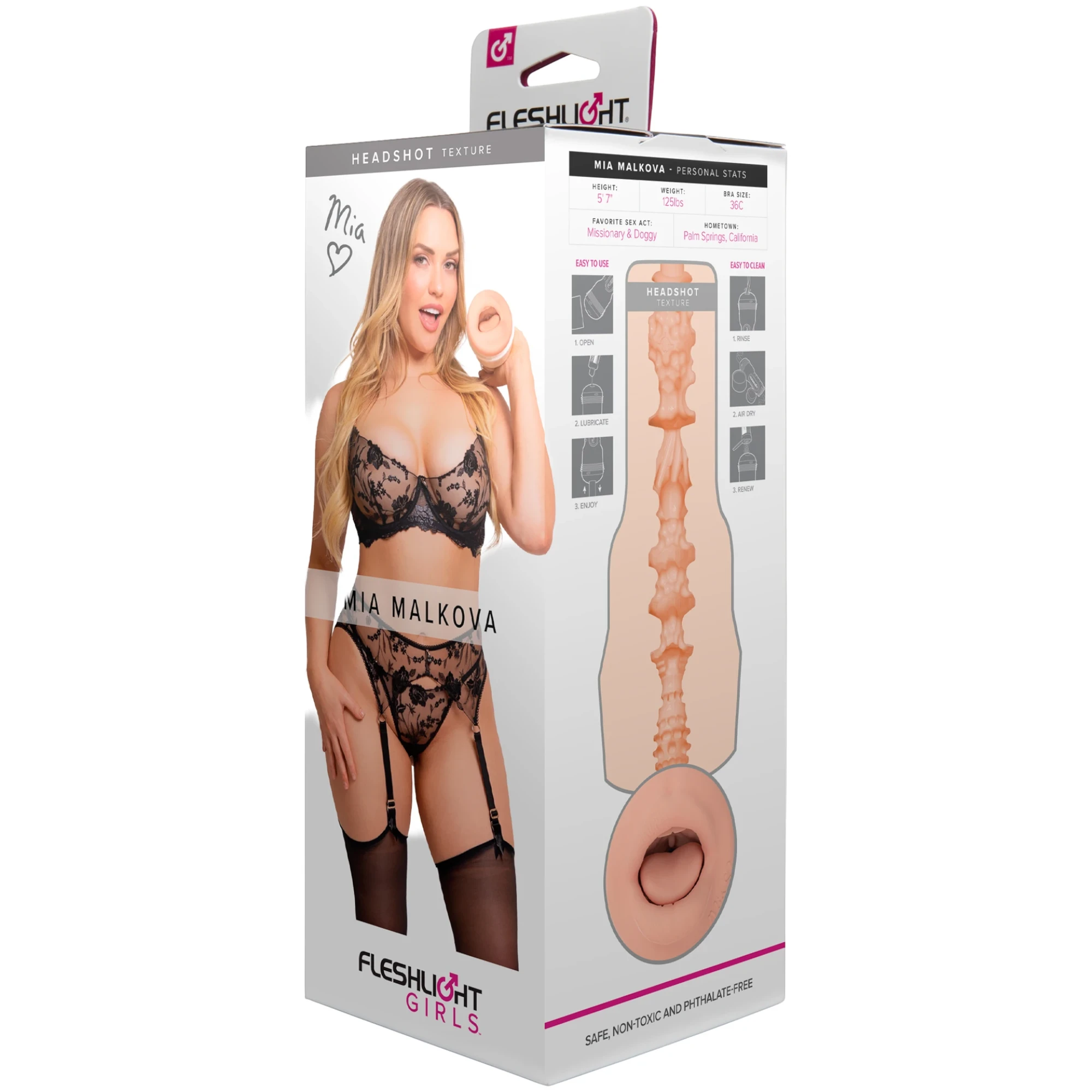 Fleshlight Girls Mia Malkova packaging box showing the textured inner sleeve on a white background