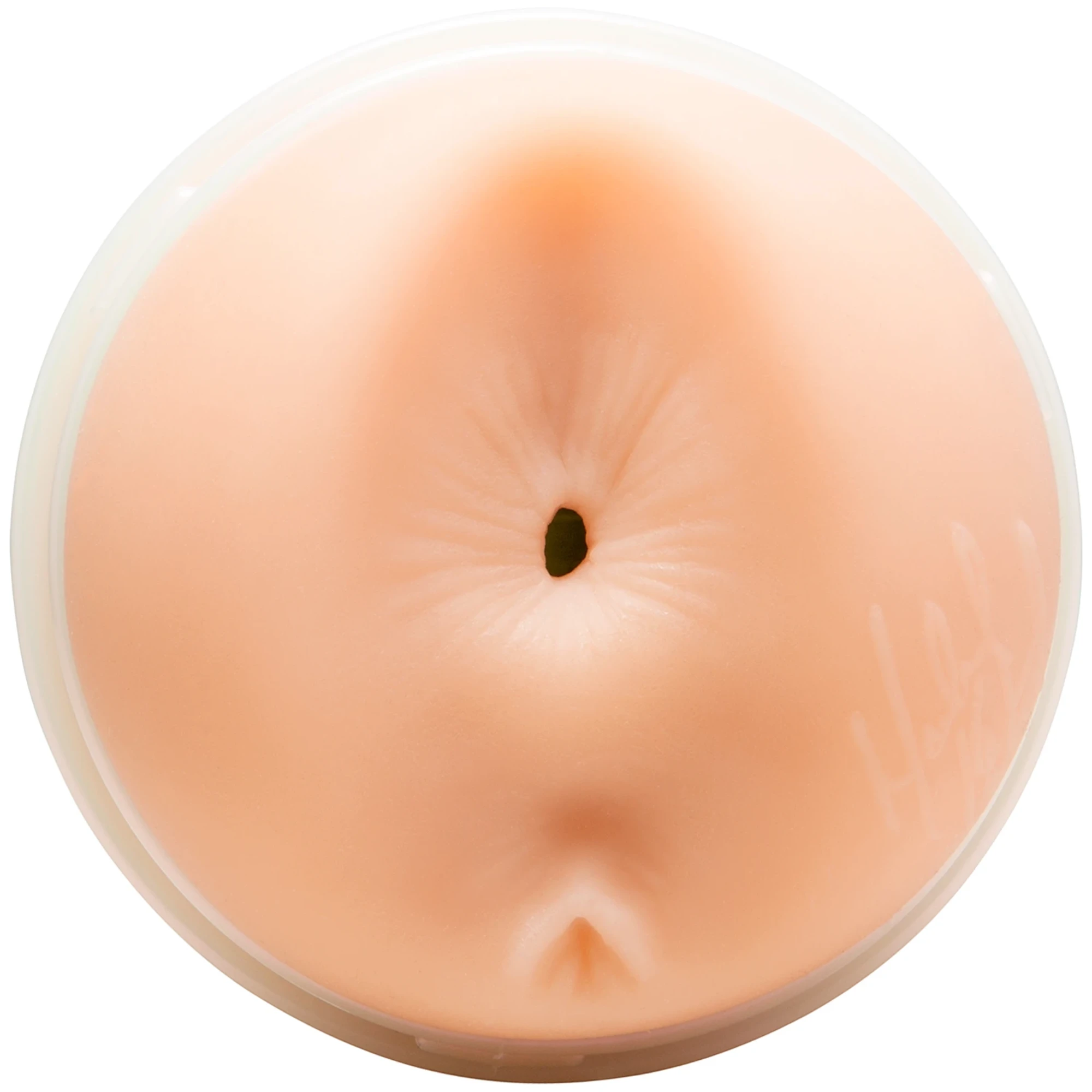 Close-up of the opening on the Fleshlight Butt Maitland Ward Tight Chicks Texture sleeve on a white background