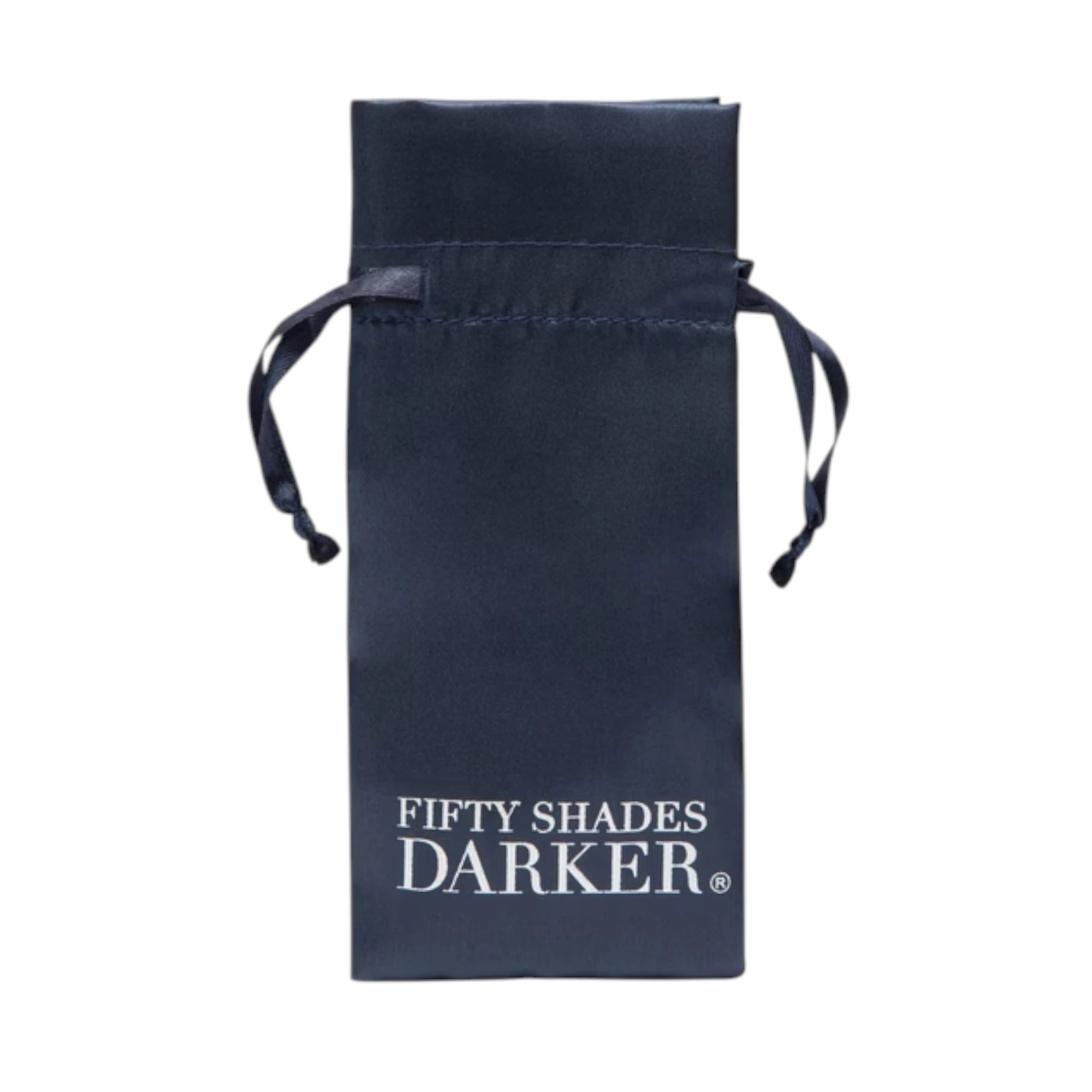 Fifty Shades Darker satin storage pouch in black with drawstring ties, showing the white “Fifty Shades Darker” logo printed on the front against a white background.