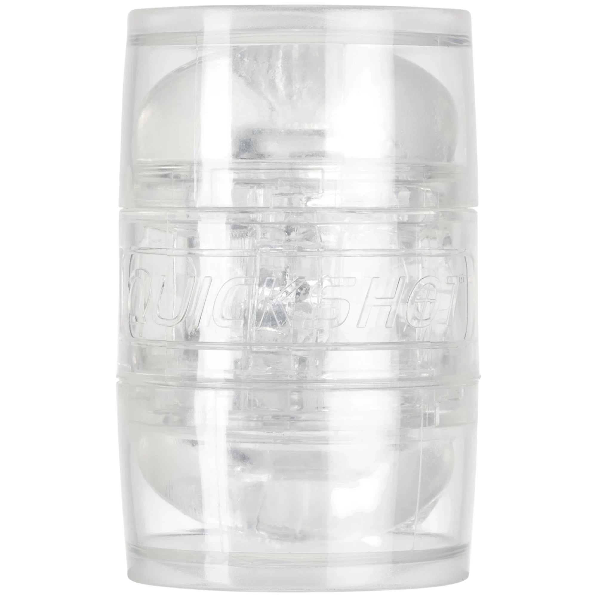 Fleshlight Quickshot clear textured male masturbator shown from front displaying transparent ribbed case with embossed QUICKSHOT branding against white background"