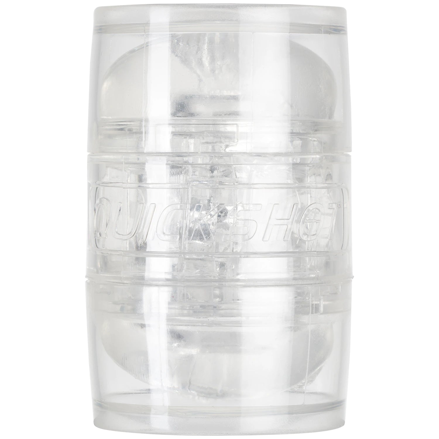 Fleshlight Quickshot clear textured male masturbator shown from front displaying transparent ribbed case with embossed QUICKSHOT branding against white background