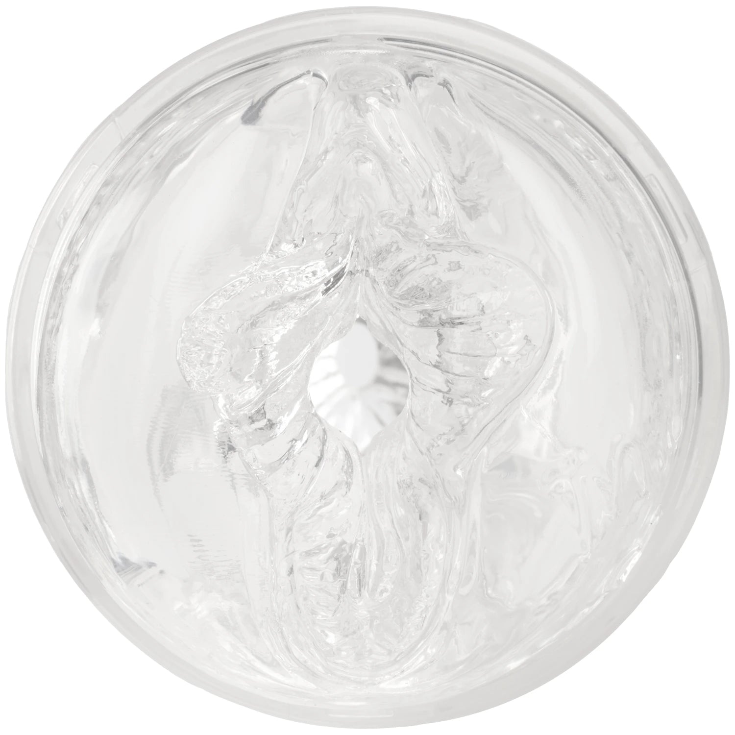 Fleshlight Quickshot textured male masturbator shown from opening view displaying clear transparent entrance with ribbed internal texture detail against white background