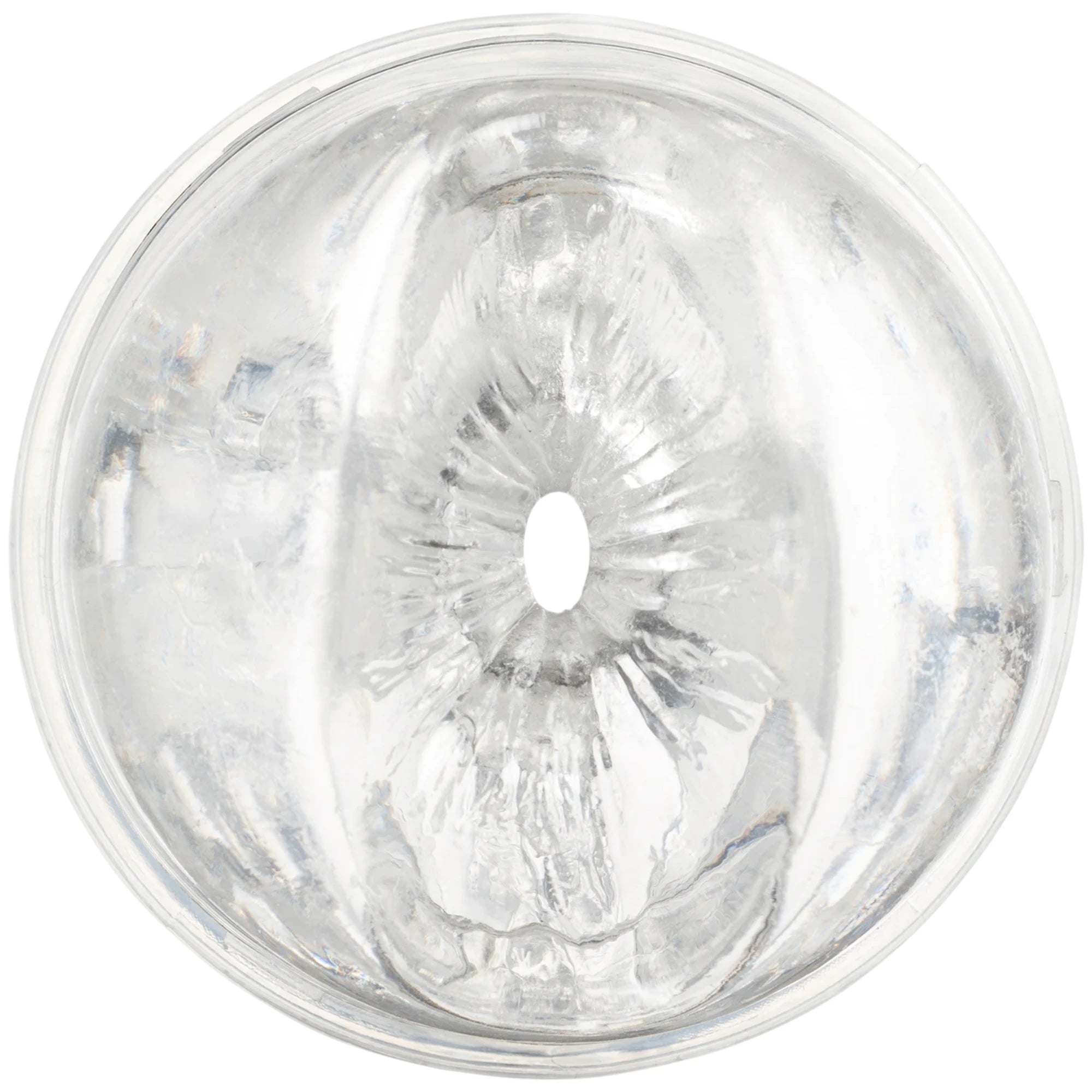 Fleshlight Quickshot textured male masturbator shown from opening view displaying clear transparent entrance with ribbed internal texture detail against white background