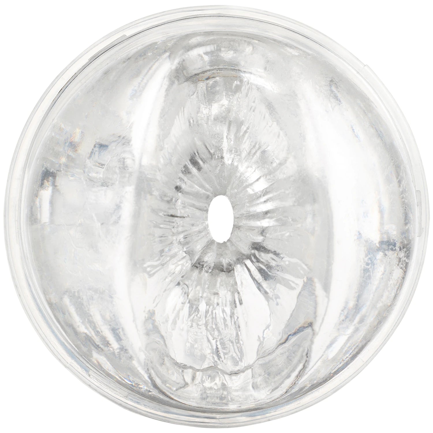 Fleshlight Quickshot textured male masturbator shown from top view displaying clear transparent case with ribbed internal texture pattern against white background