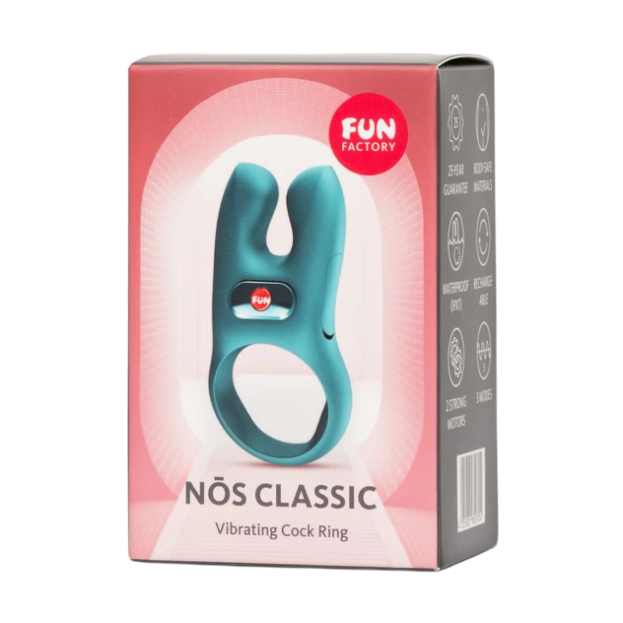 Fun Factory NOS Classic vibrating cock ring packaging box in pink and white with product image, 'Vibrating Cock Ring' text, and FUN Factory branding against white background