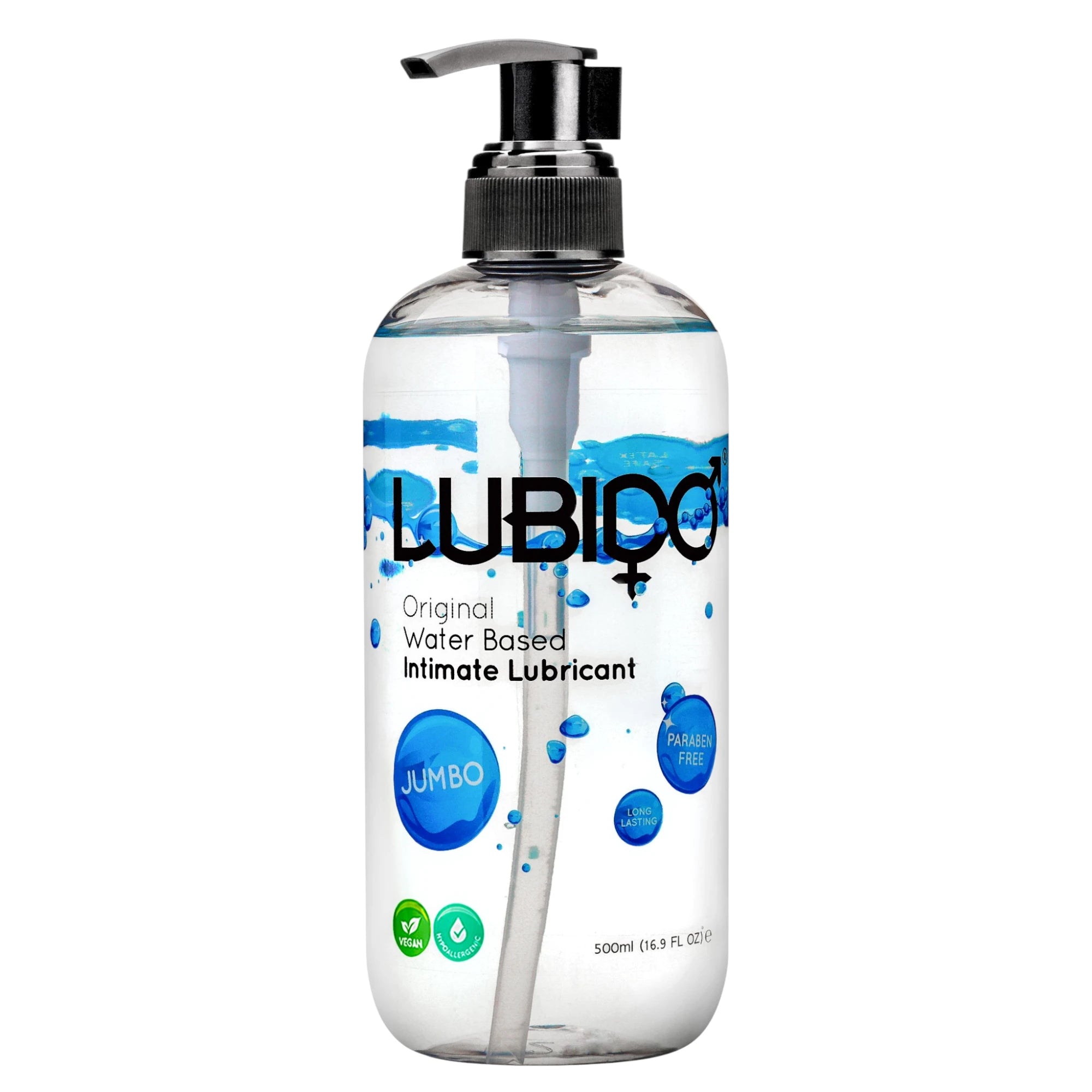 Lubido Original water-based intimate lubricant 500ml jumbo pump bottle shown from front displaying clear gel formula, black pump dispenser, Lubido branding, 'Original Water Based Intimate Lubricant' label, 'Jumbo', 'Paraben Free', and 'Long Lasting' badges, vegan and cruelty-free icons, blue bubble design against white background