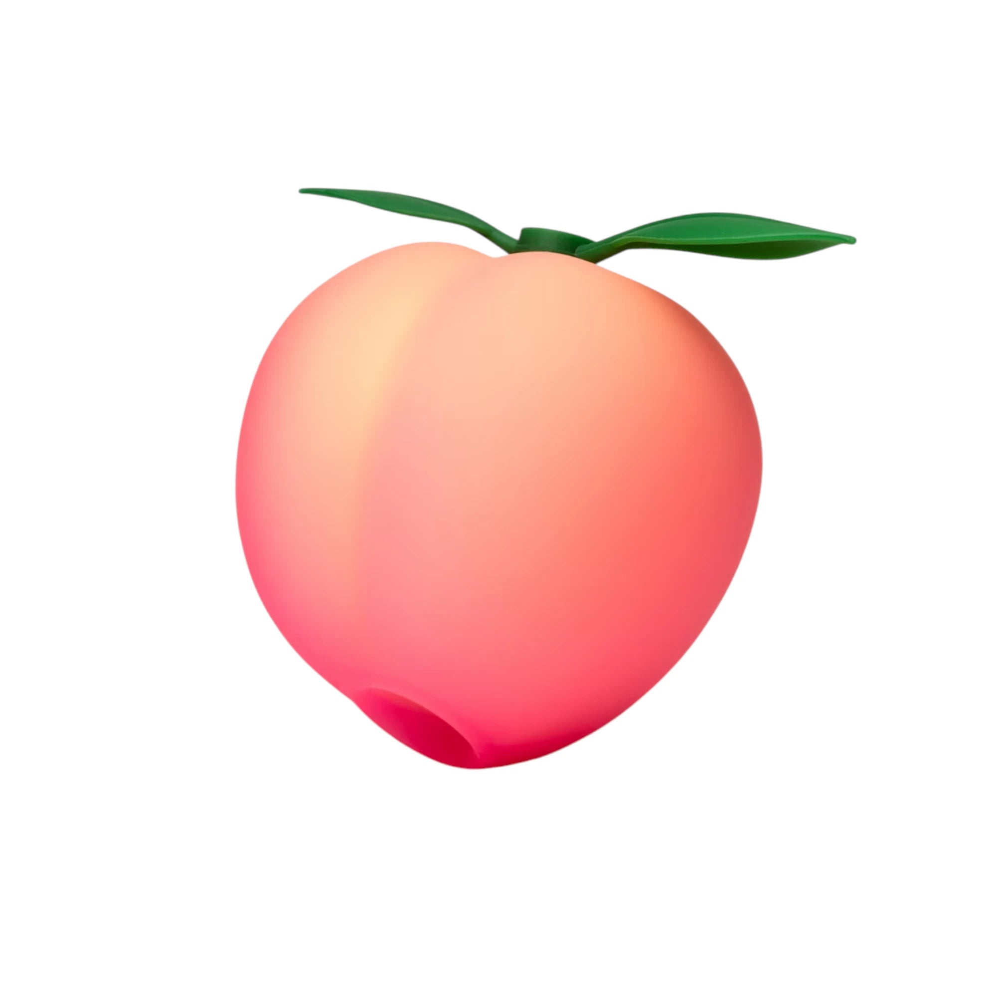 The ROMP Pink Peach rechargeable clitoral stimulator in peach-shaped pink silicone with two green leaf details on top and a small curved opening at the base, shown on a plain white background