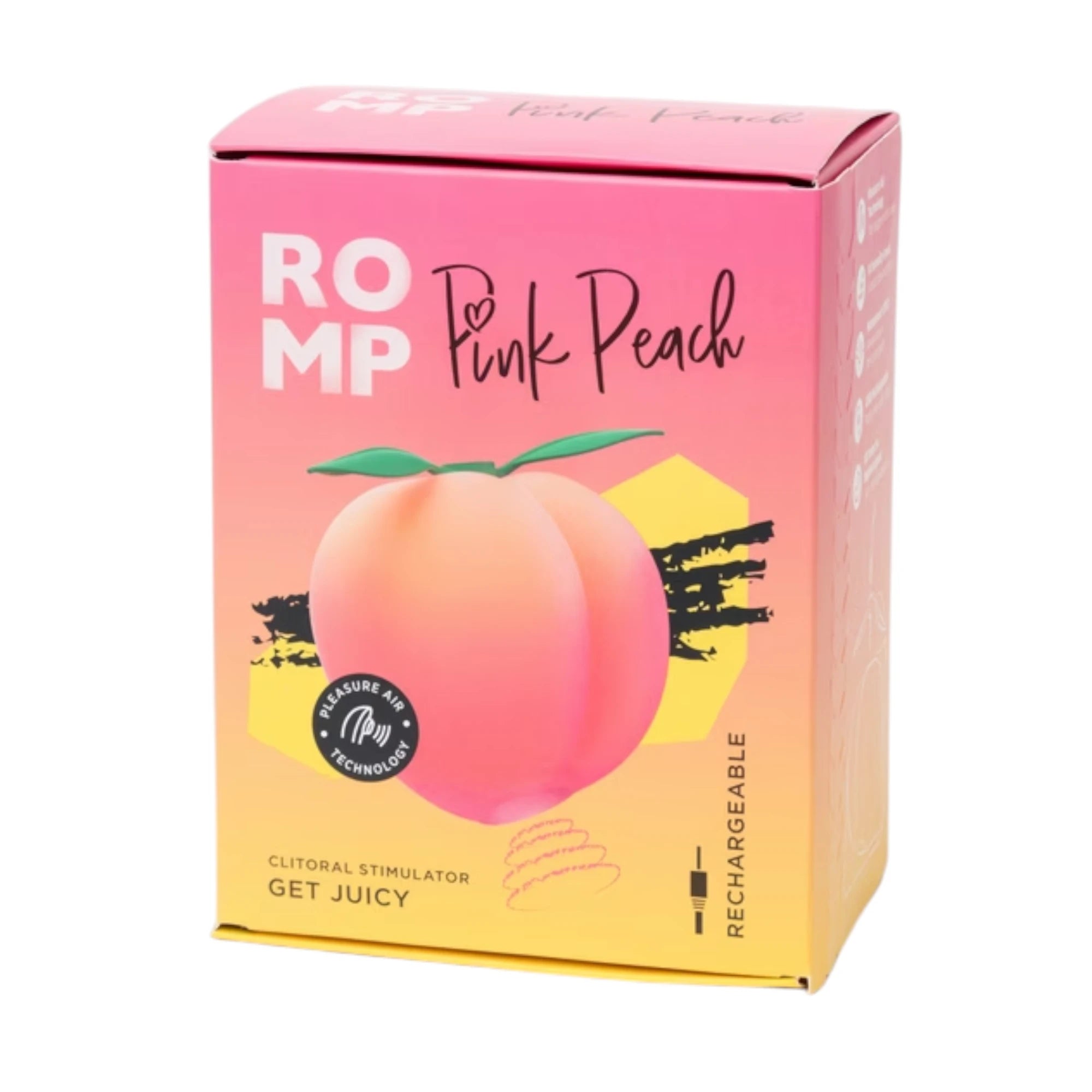 “The ROMP Pink Peach rechargeable clitoral stimulator retail box in pink and yellow with a peach illustration on the front and ‘ROMP Pink Peach’ branding, shown on a plain white background