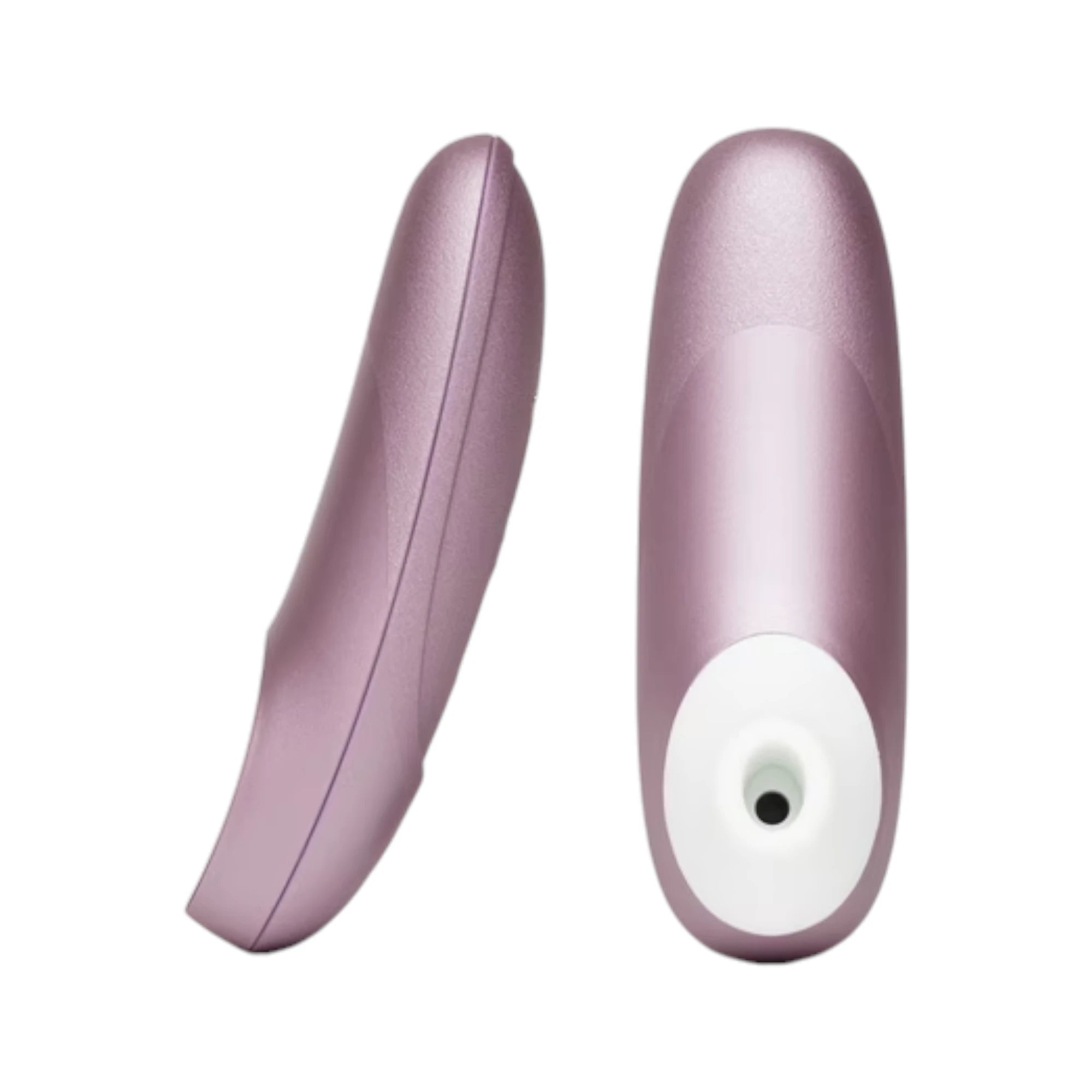 Womanizer Pro lilac clitoral suction stimulator shown from side and front with white silicone head against white background