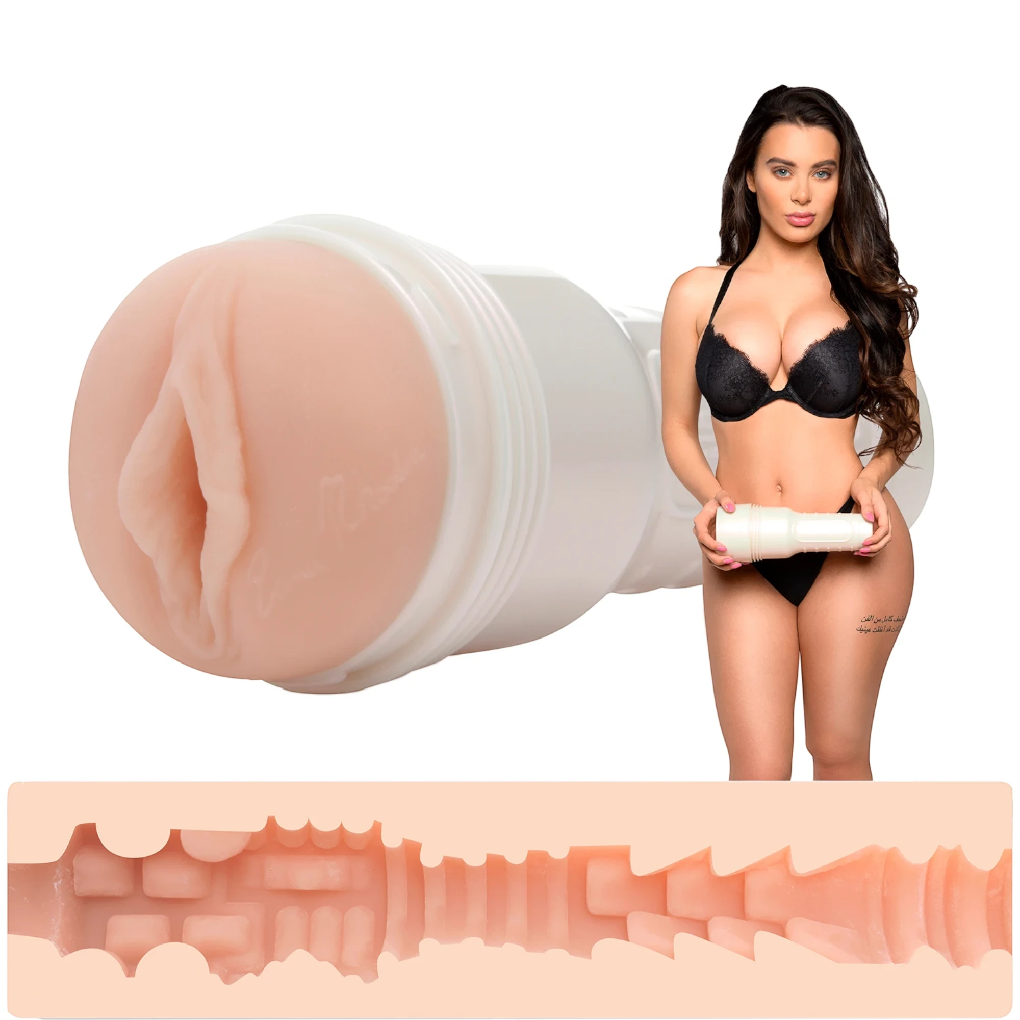Fleshlight Girls Lana Rhoades Destiny Texture sleeve and textured inner tunnel on a white background.