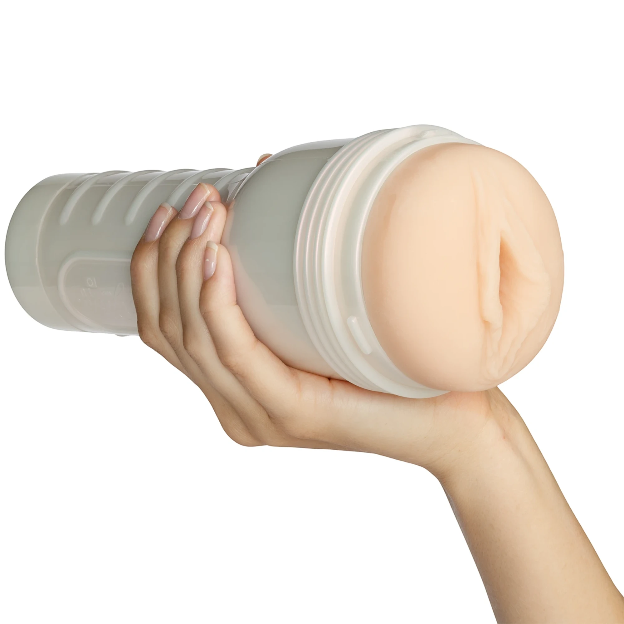 Hand holding the Fleshlight Girls Lana Rhoades Destiny Texture sleeve and case on a white background