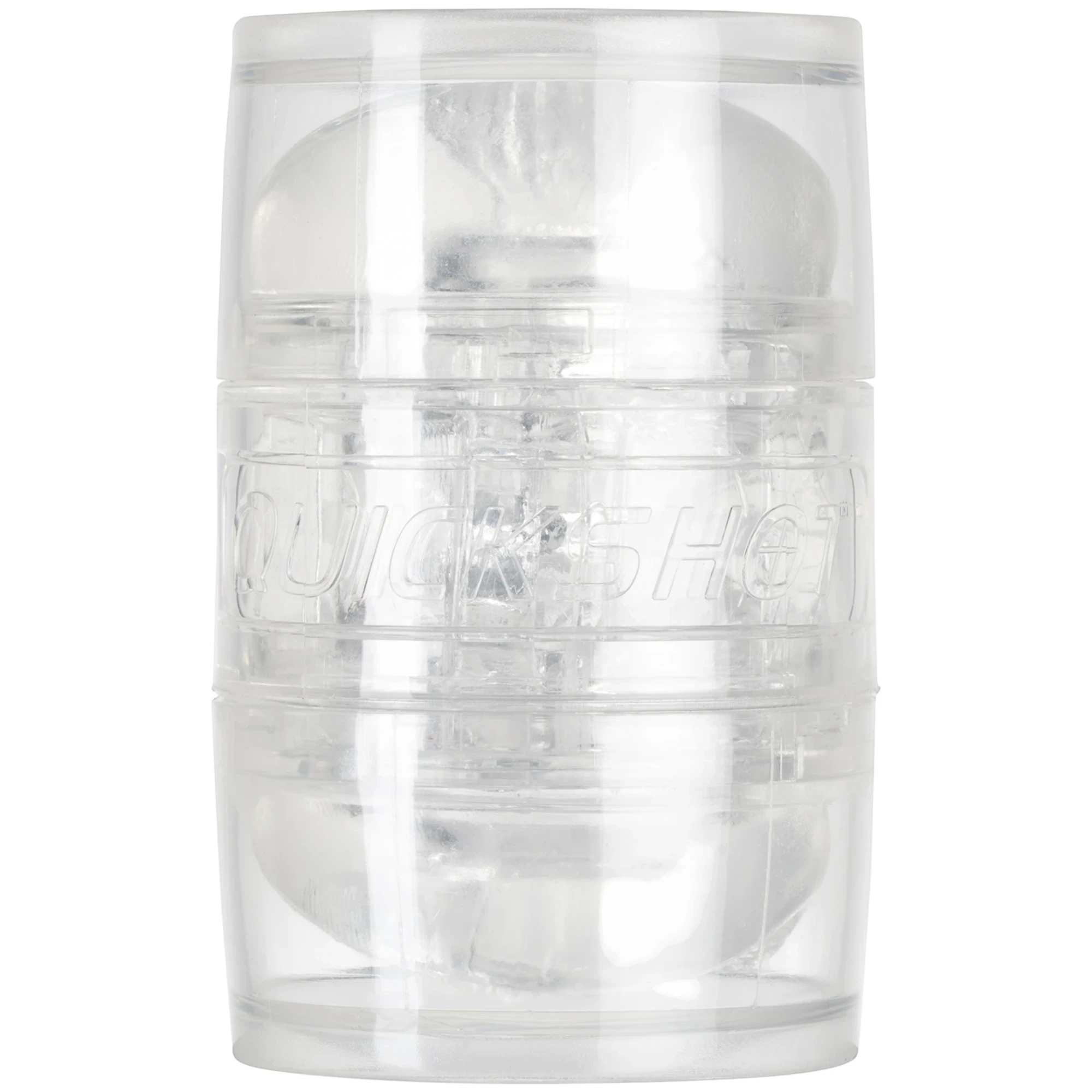 Fleshlight Quickshot Riley Reid compact male masturbator shown from front displaying clear textured sleeve inside transparent Quickshot case with embossed Quickshot branding against white background