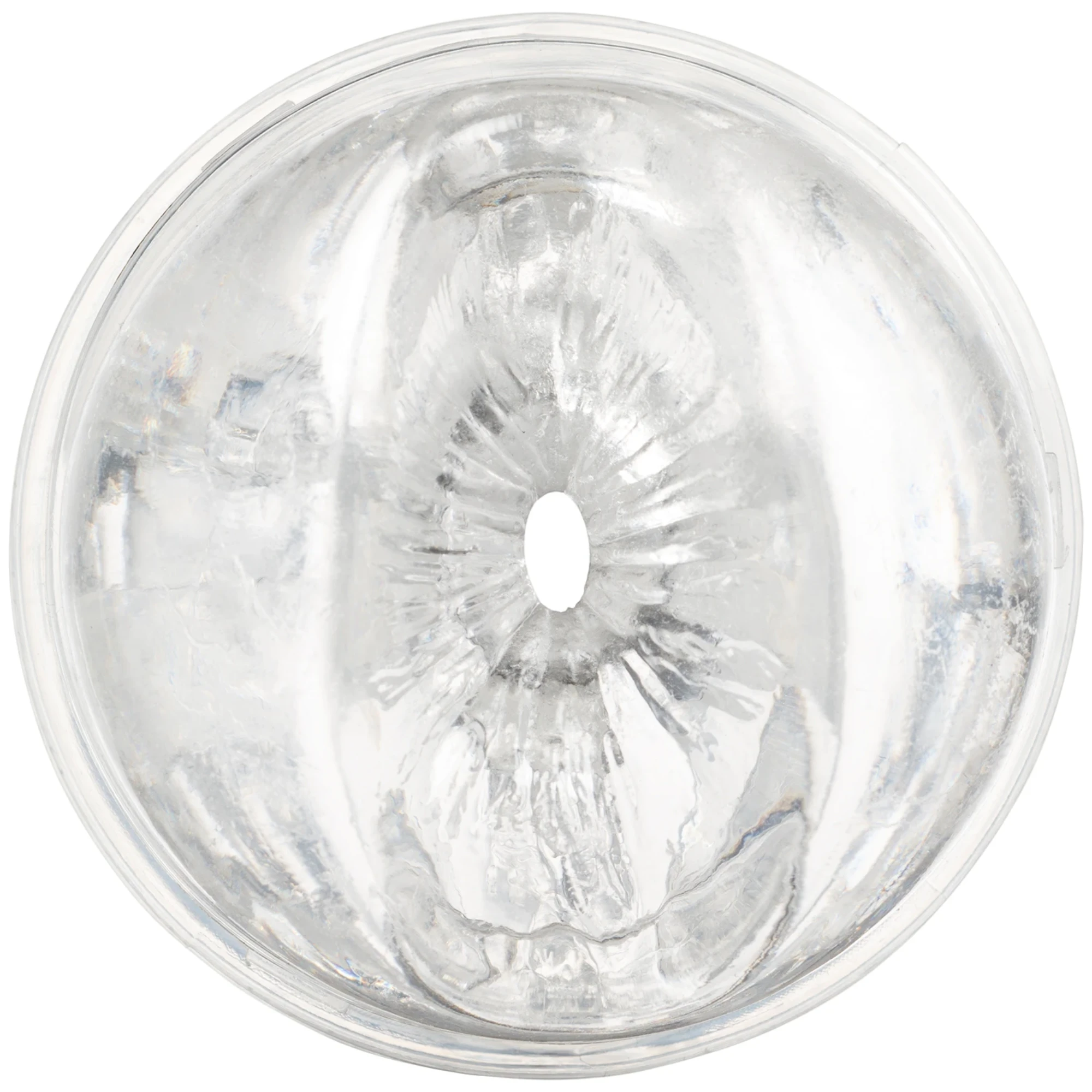 Fleshlight Quickshot Riley Reid compact male masturbator shown from top-down angle displaying detailed textured interior sleeve with radiating texture pattern, central opening, and clear plastic casing against white background