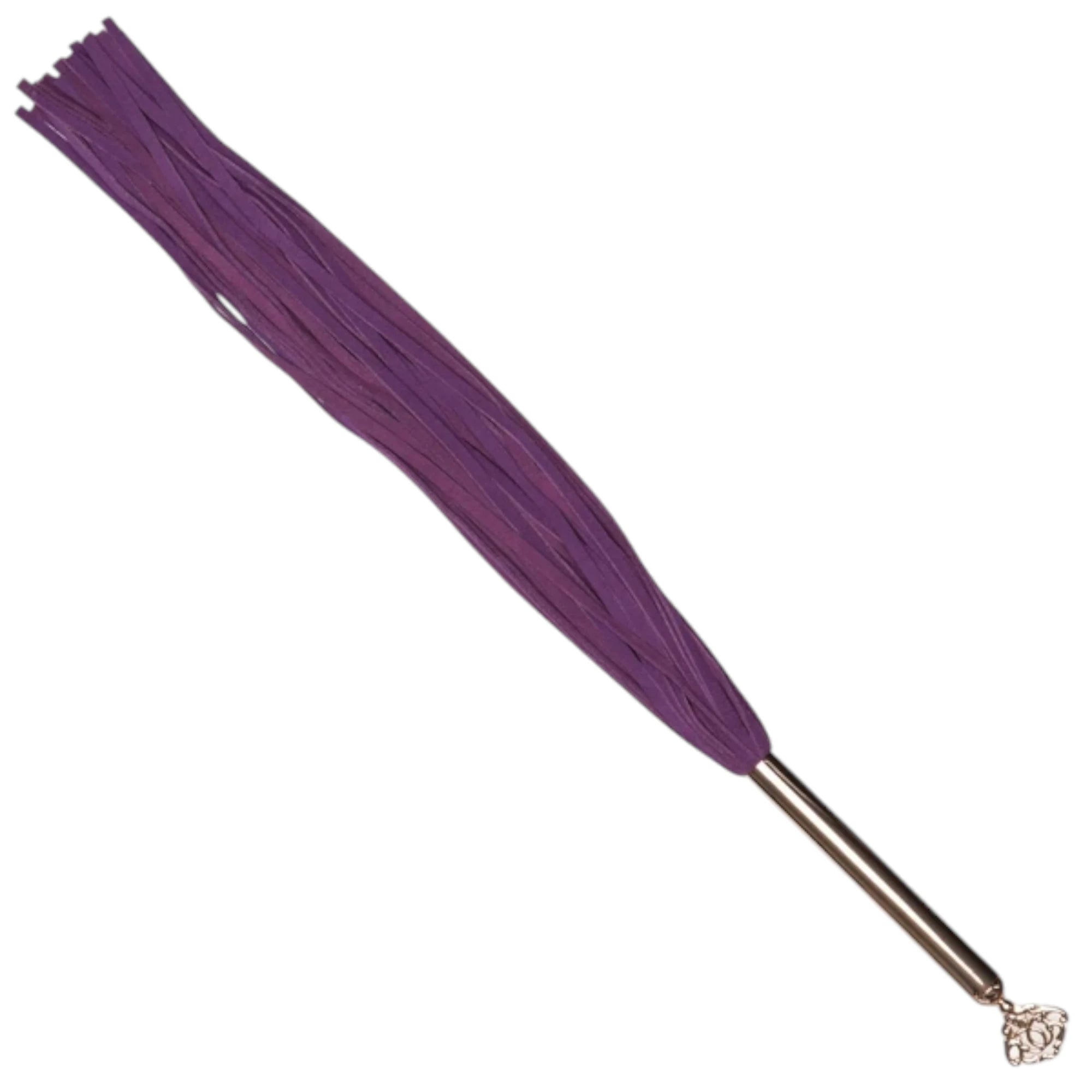 Fifty Shades Freed Cherished Collection flogger shown at an angle, featuring long purple faux-leather tails attached to a rose-gold handle with a small decorative key charm at the end against a white background
