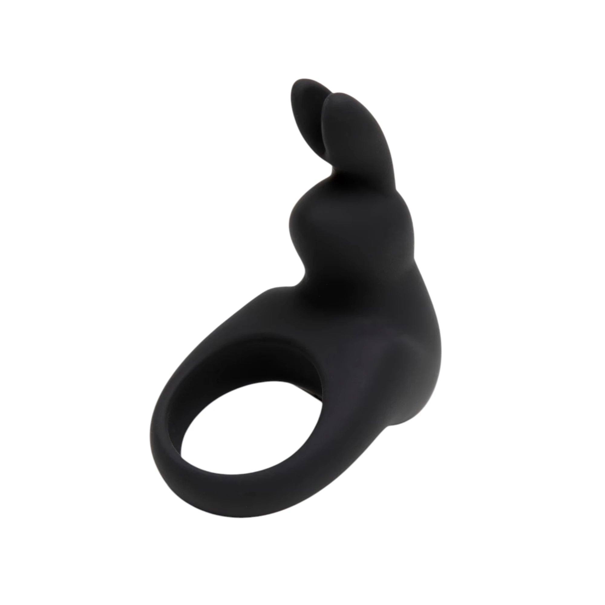 Happy Rabbit rabbit cock ring in black silicone shown from front displaying dual rabbit ear stimulators, flexible ring base, and smooth finish against white background