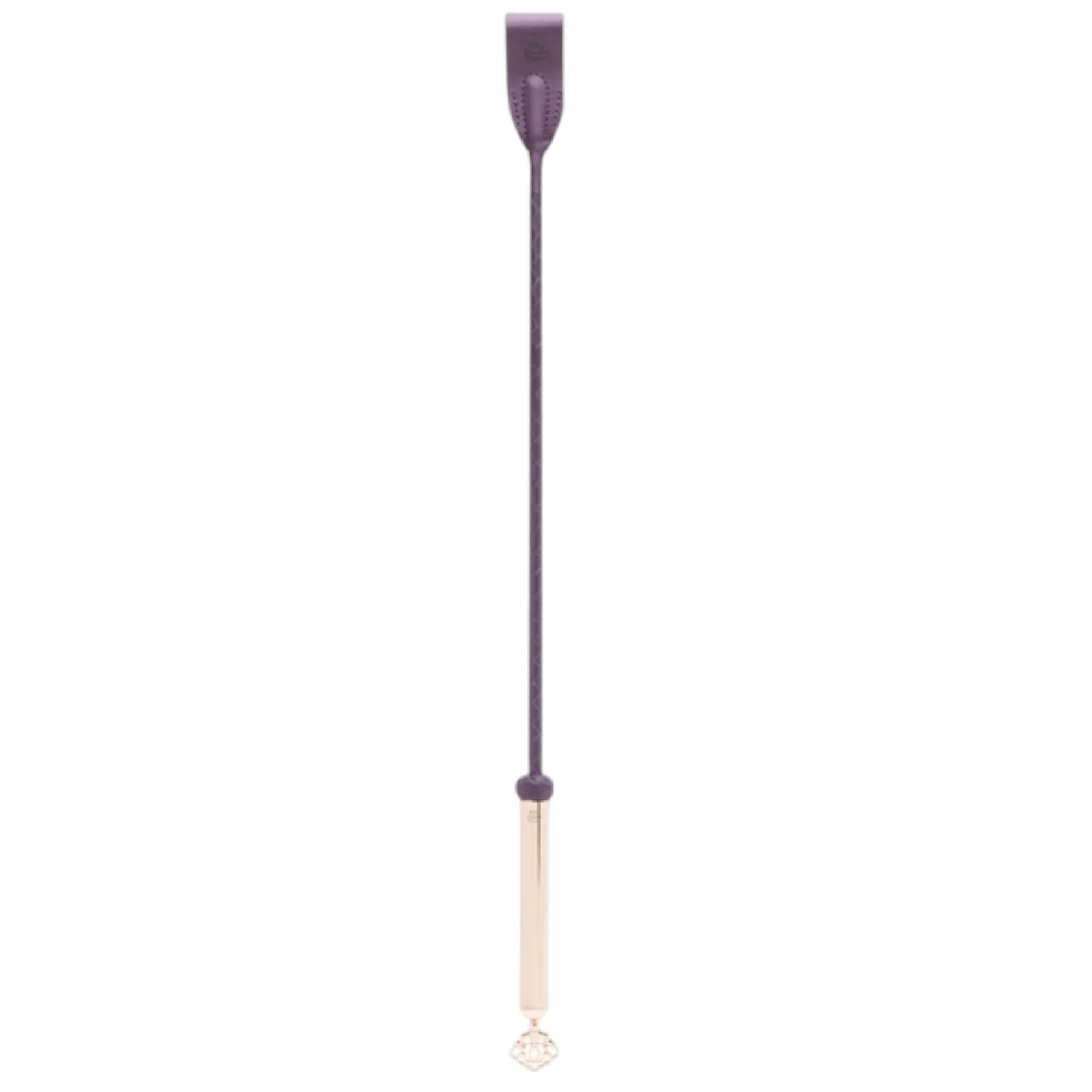  Fifty Shades Freed Cherished Collection riding crop shown full length, featuring a purple textured handle with a slim shaft and a clear acrylic grip section ending in a small decorative charm against a white background