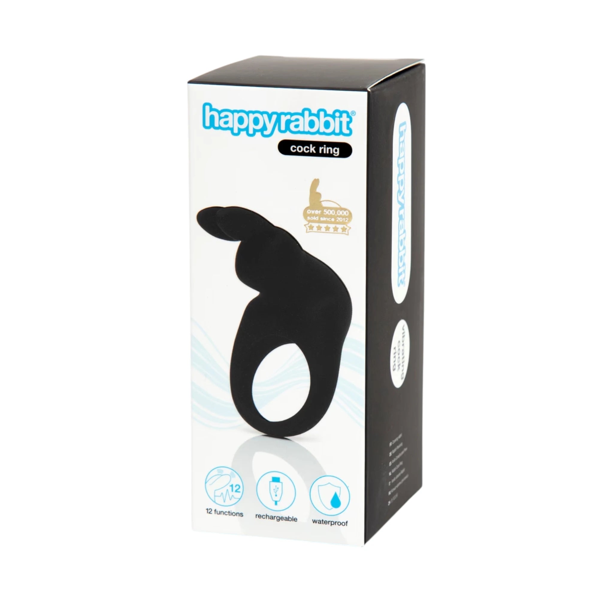 Happy Rabbit rabbit cock ring packaging box in white and black with product image, '12 functions' badge, 'rechargeable' and 'waterproof' icons, and gold award seal against white background