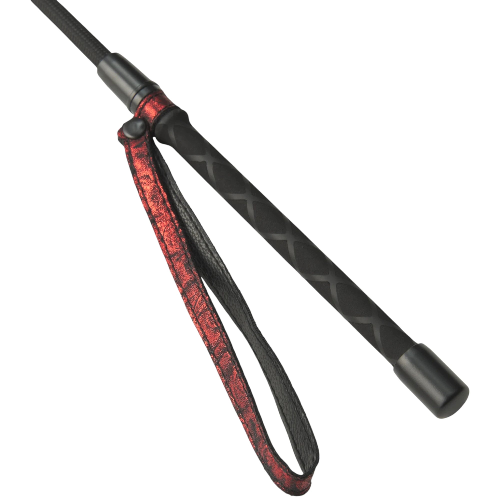 Close-up of the handle and wrist loop on the Fifty Shades of Grey Sweet Anticipation riding crop on a white background