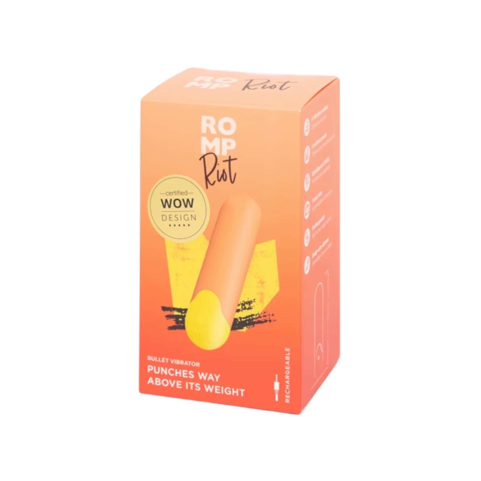 The ROMP Riot rechargeable silicone bullet vibrator retail box in peach and orange with a product image on the front and ‘ROMP Riot’ branding, shown on a plain white background.