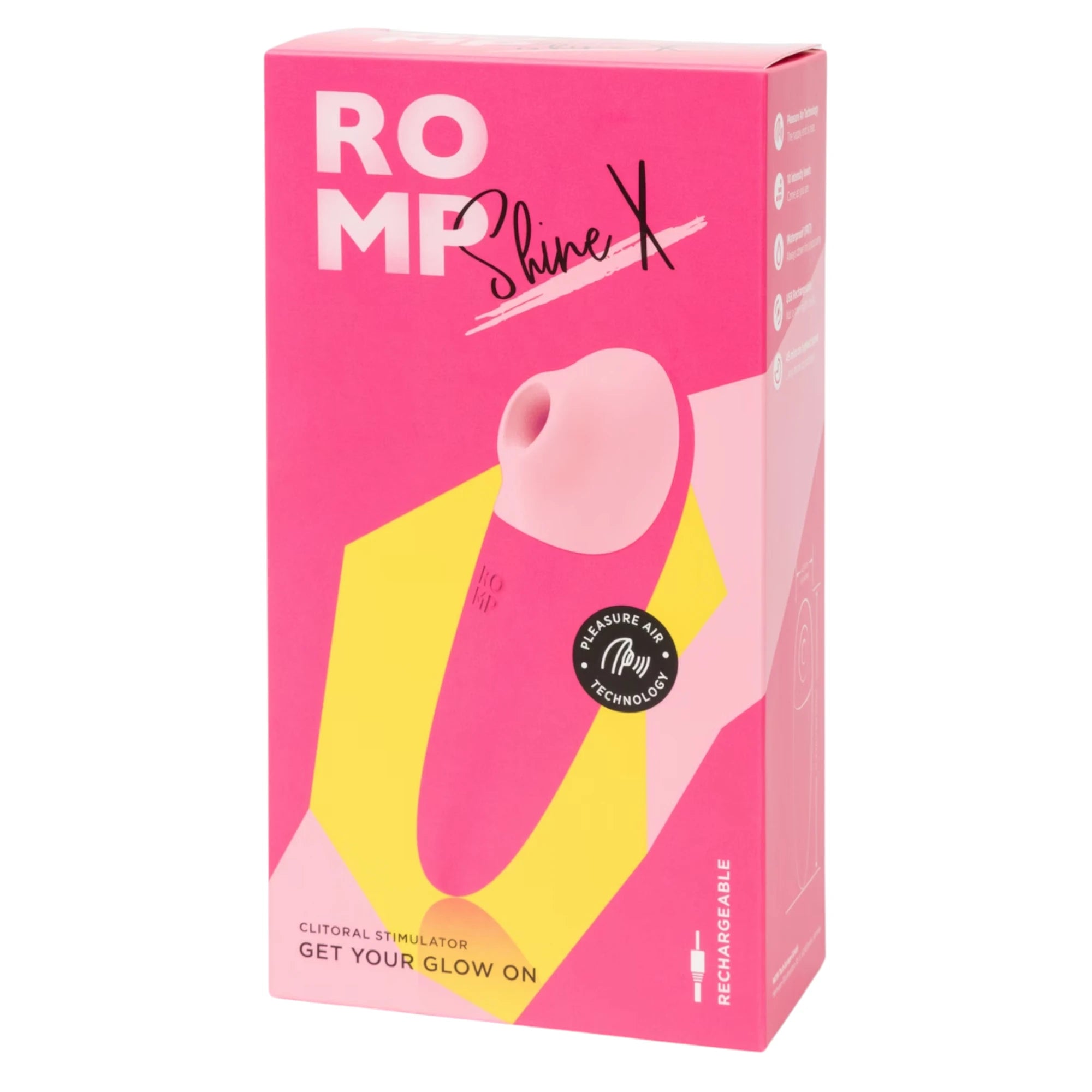 ROMP Shine X clitoral suction stimulator packaging box on a white background