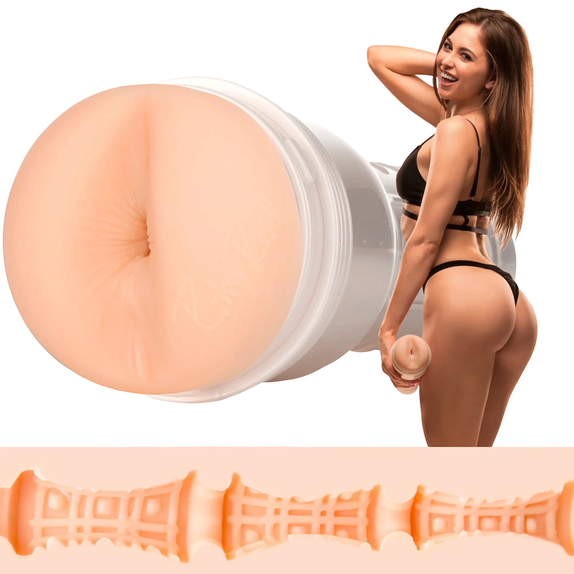 Fleshlight Butt Riley Reid Euphoria texture shown with model displaying beige TPE material, white ribbed casing, realistic opening, and detailed interior texture pattern against white background
