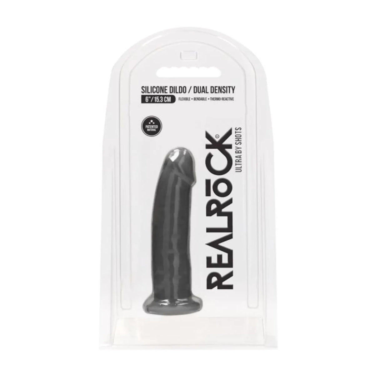 Real Rock black silicone dual density dildo 6 inch in retail packaging against white background