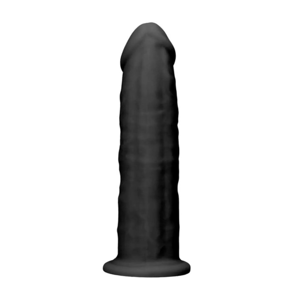 Real Rock black silicone dildo without balls 6 inch upright on its wide base against white background