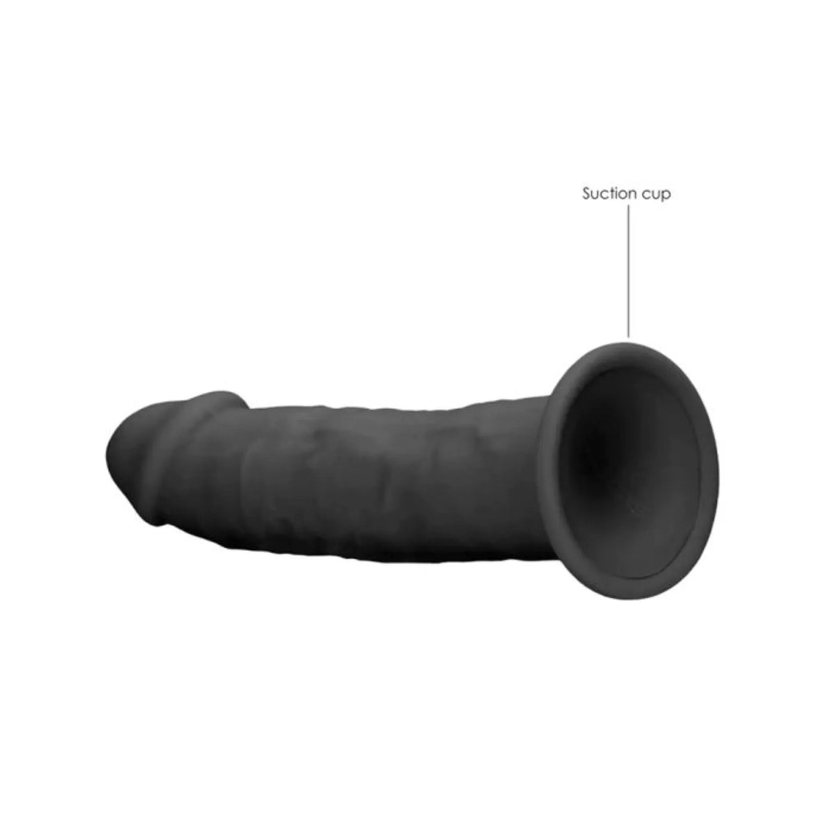 Real Rock black silicone dildo without balls 6 inch side view showing the suction cup base against white background