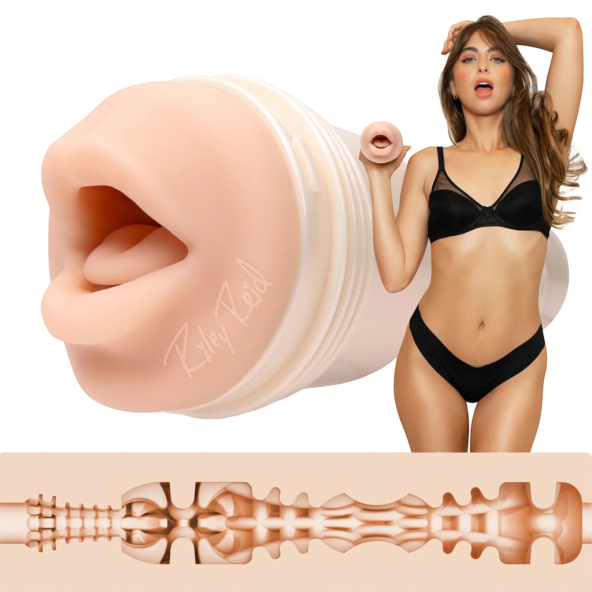 Fleshlight Girls Riley Reid Insomnia blow job masturbator shown with model displaying realistic mouth opening, beige TPE material, white ribbed casing, and detailed interior texture pattern against white background