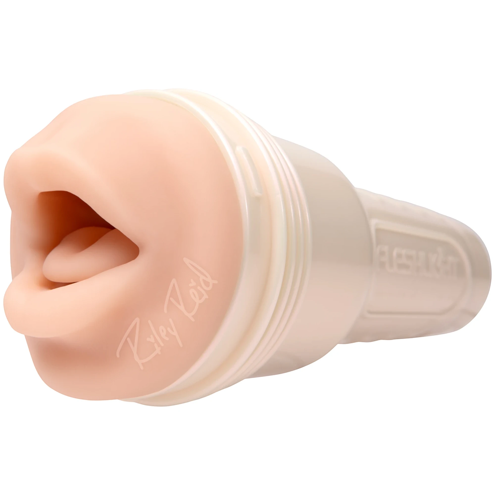 Fleshlight Girls Riley Reid Insomnia blow job masturbator shown from side displaying realistic mouth opening, beige TPE material, white ribbed casing with Fleshlight branding, and smooth cylindrical body against white background