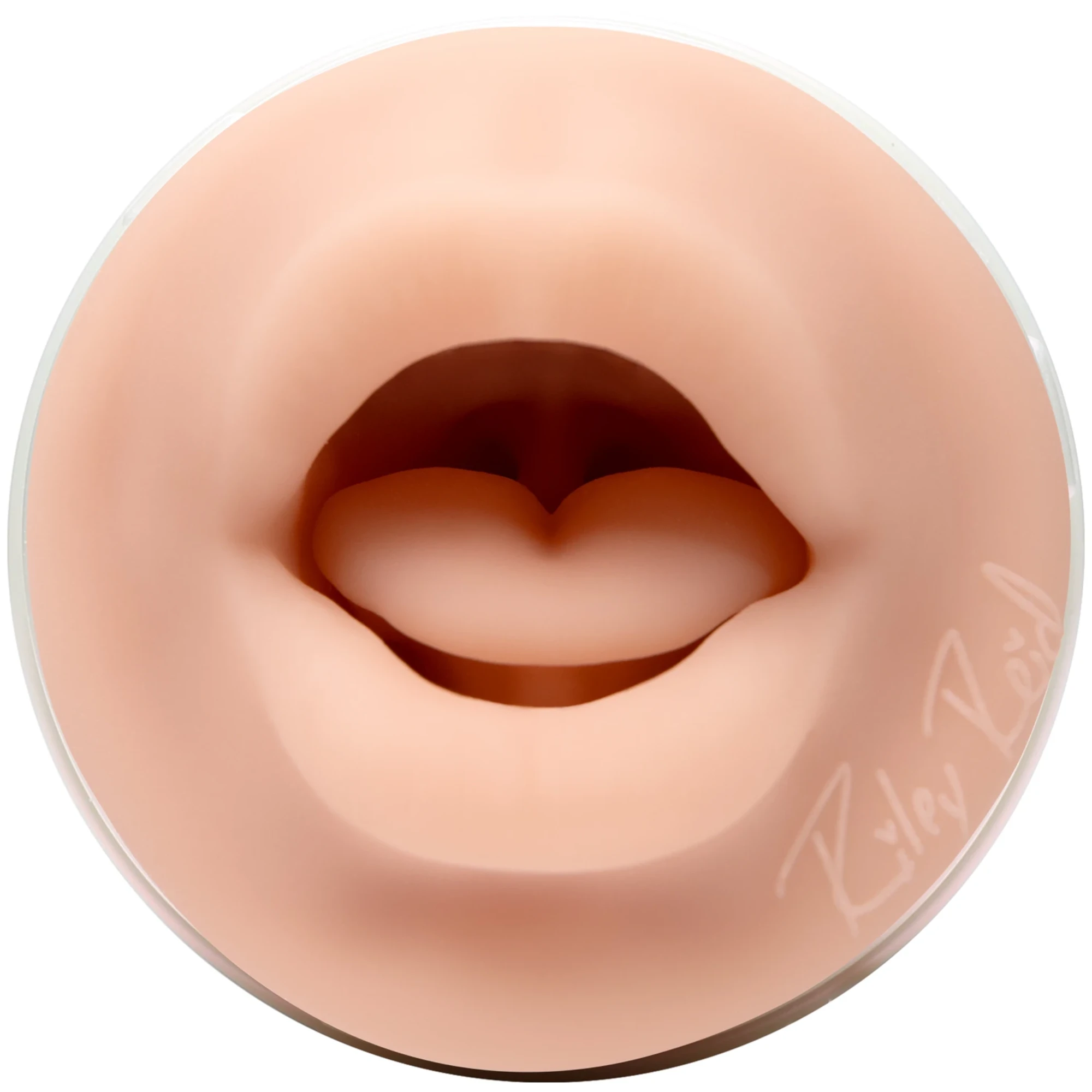 Fleshlight Girls Riley Reid Insomnia blow job masturbator shown from front displaying realistic mouth opening with detailed lip texture, beige TPE material, and smooth outer casing against white background