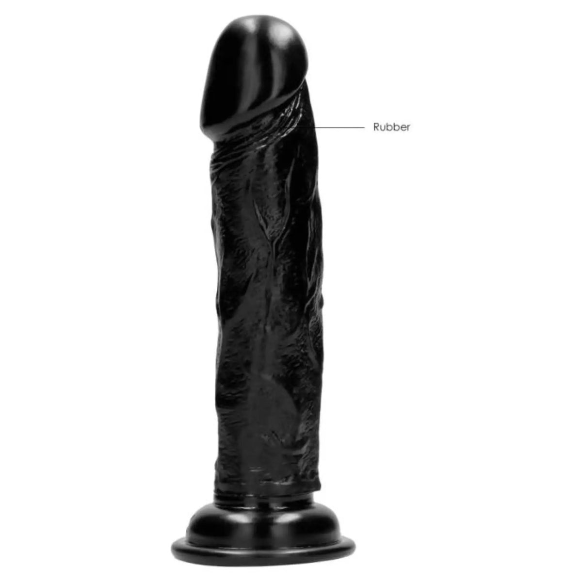 Real Rock black realistic dildo 8 inch front view with the suction cup base labelled against white background