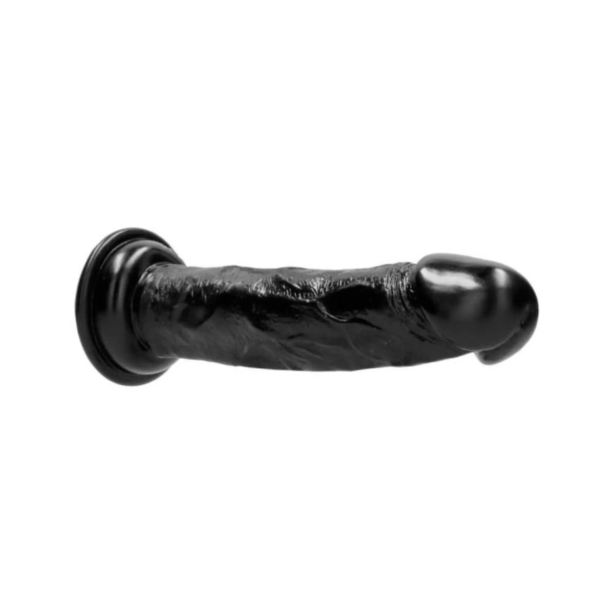 Real Rock black realistic dildo 8 inch lying on its side showing the suction cup base against white background