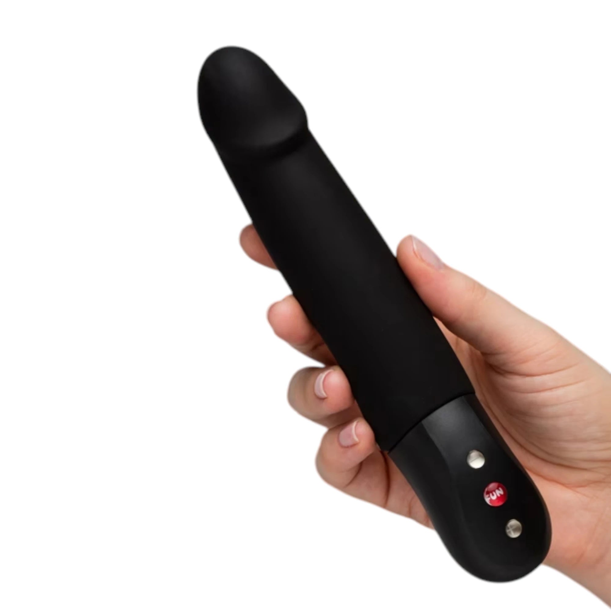 Fun Factory Stronic Real black realistic thrusting vibrator held in hand displaying smooth curved shaft, rounded tip, and control buttons with FUN branding against white background