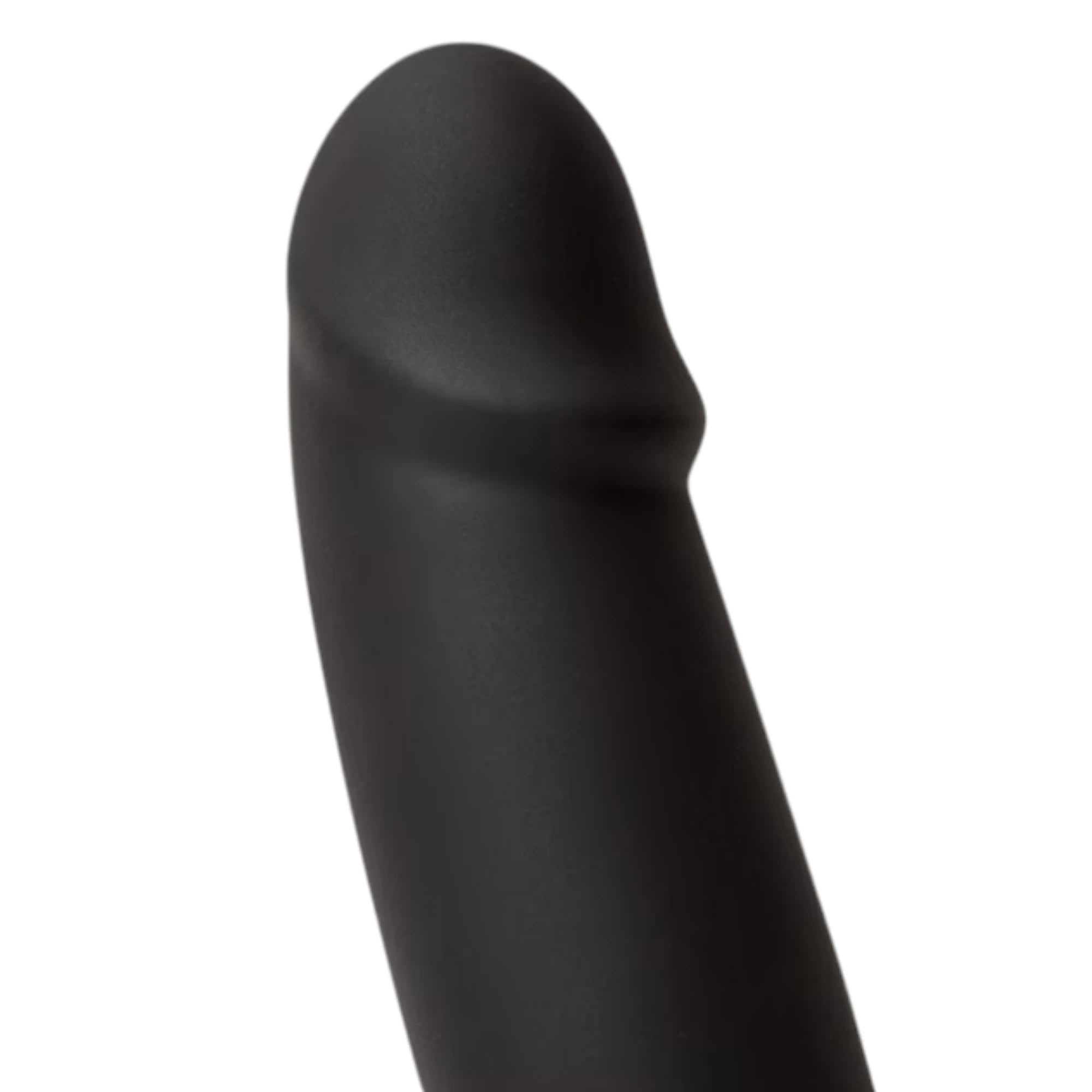 Fun Factory Stronic Real black realistic thrusting vibrator shown from above displaying smooth curved shaft and rounded tip against white background