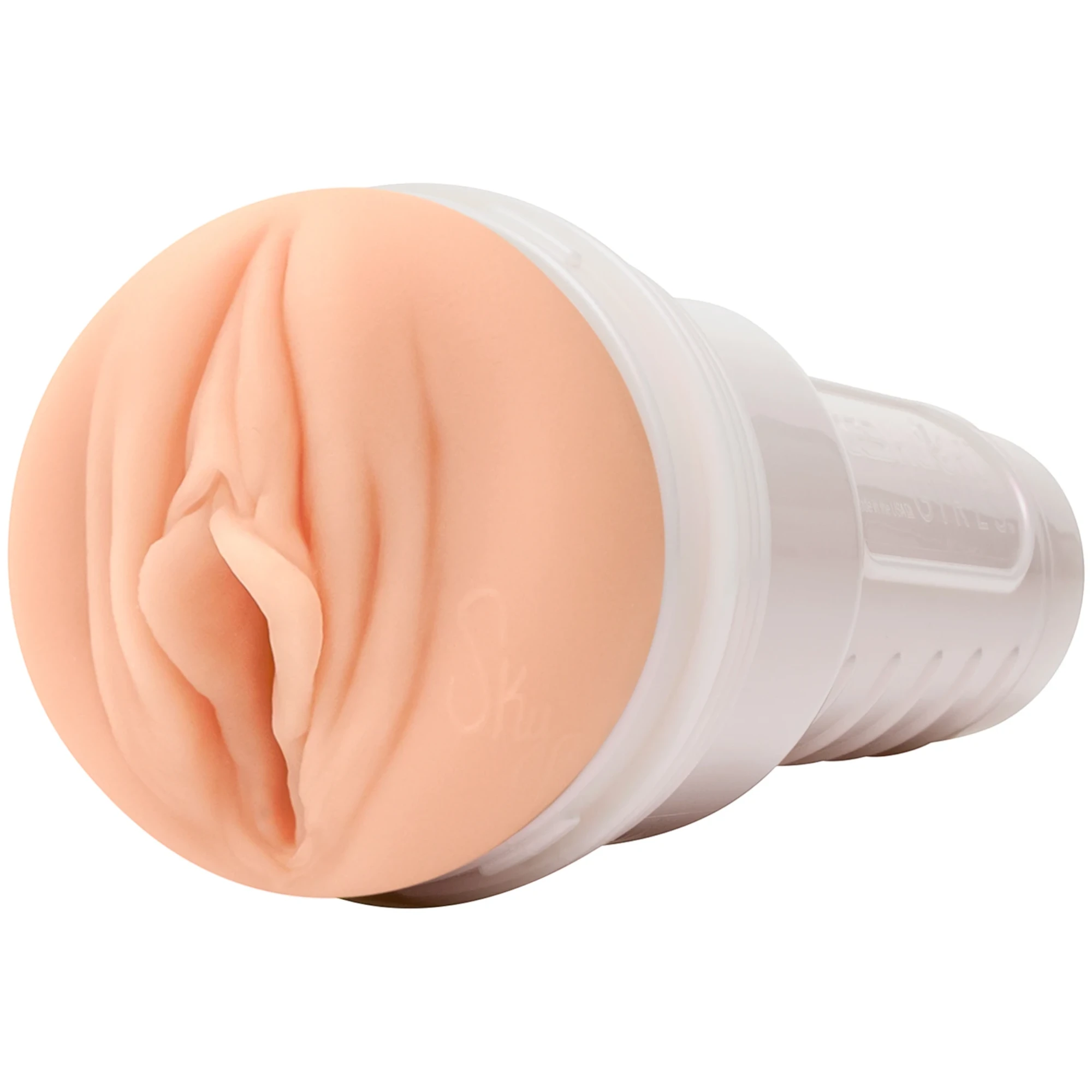Fleshlight Sky Bri texture female masturbator shown from side displaying realistic beige TPE opening with detailed labia texture, white ribbed casing with removable cap, and smooth cylindrical body against white background