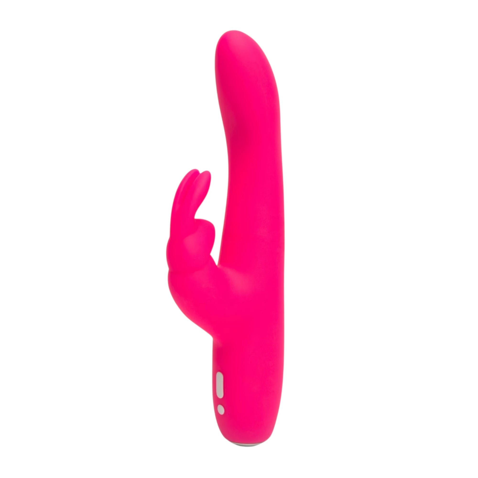 Happy Rabbit Slimline Curve hot pink rabbit vibrator shown from front displaying curved shaft, external rabbit ear stimulator, control buttons, and smooth silicone finish against white background