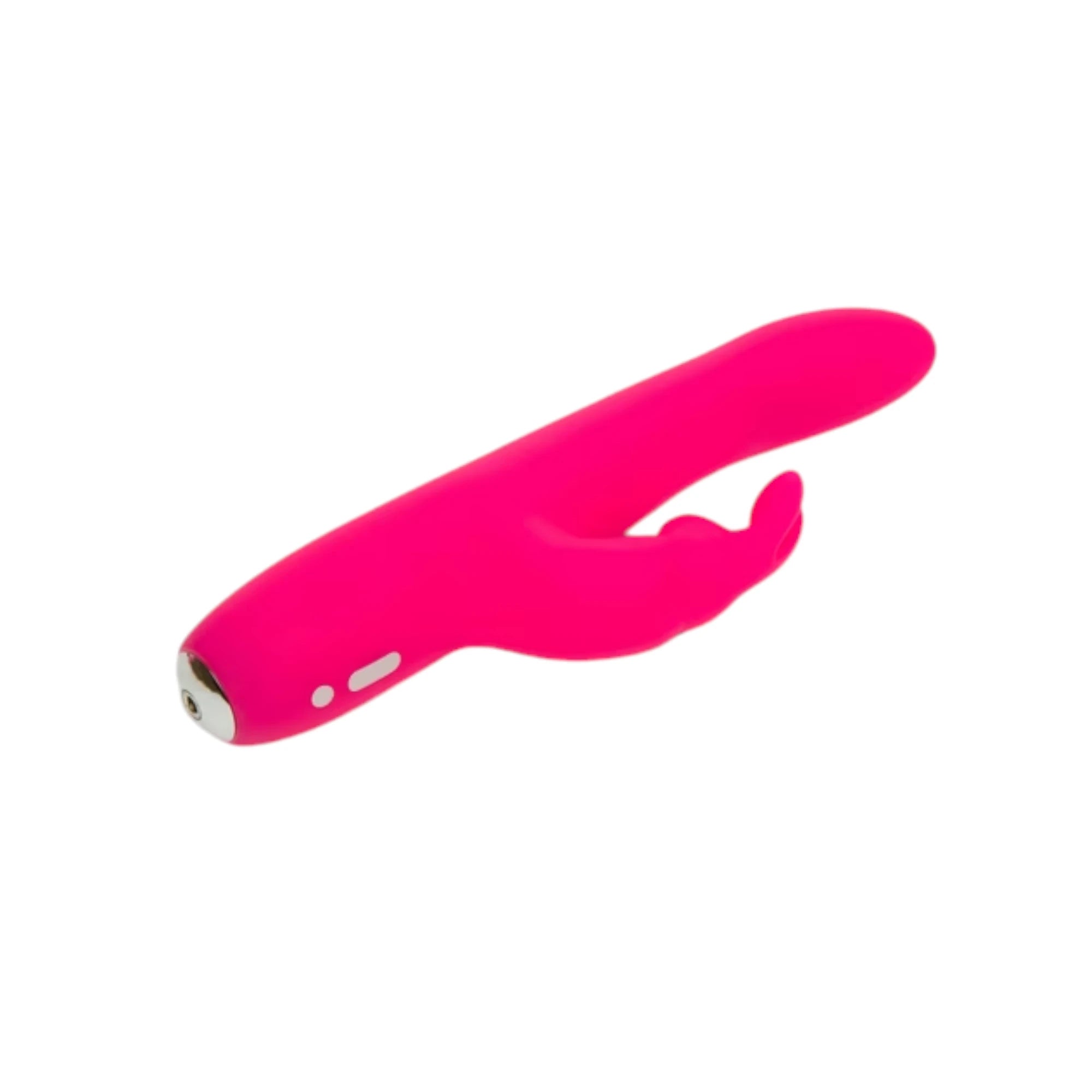 Happy Rabbit Slimline Curve hot pink rabbit vibrator shown from side angle displaying curved shaft, external rabbit ear stimulator, and control buttons against white background