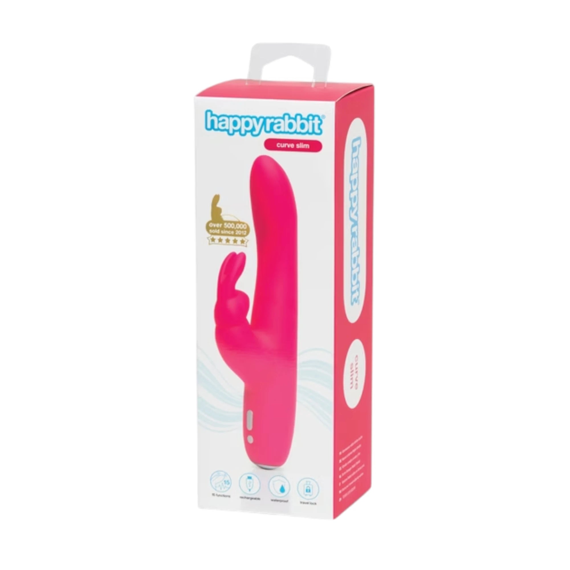 Happy Rabbit Slimline Curve hot pink rabbit vibrator packaging box in white and pink with product image, 'curve slim' label, gold award seal, and feature icons against white background
