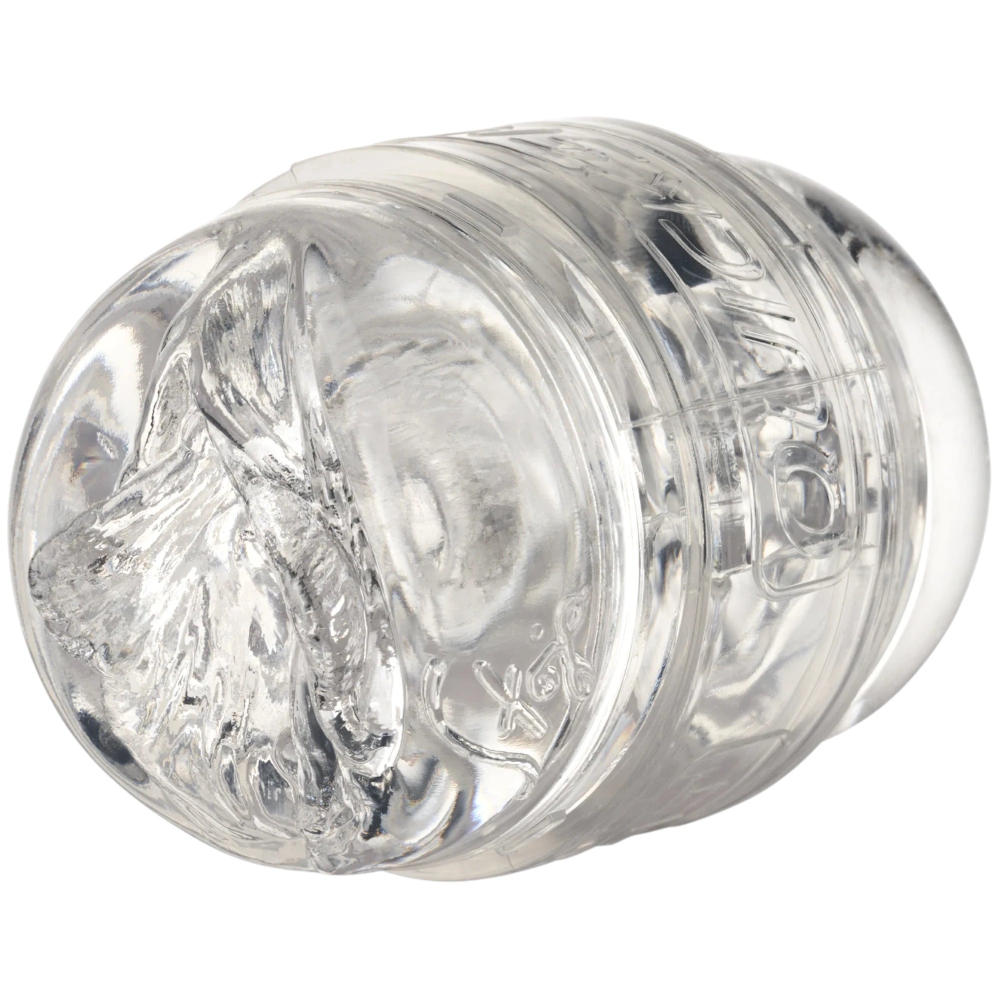 Fleshlight Quickshot Stoya Destroya clear textured sleeve insert on a white background.