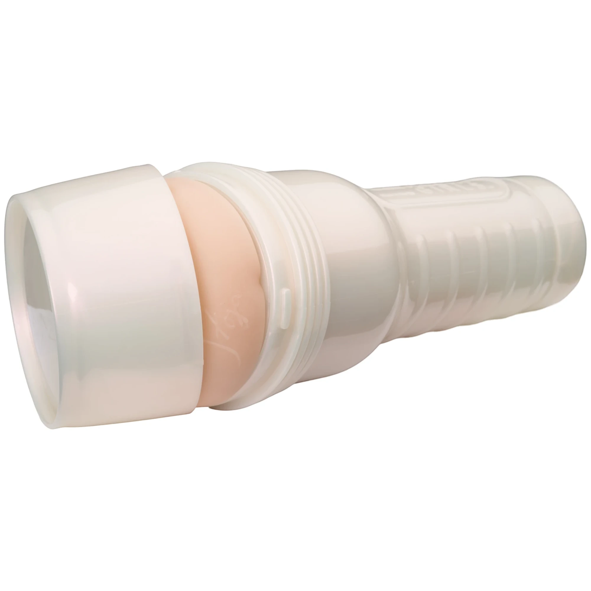 Fleshlight female masturbator shown from side displaying realistic beige TPE sleeve inside white ribbed casing with removable cap and smooth cylindrical body against white background