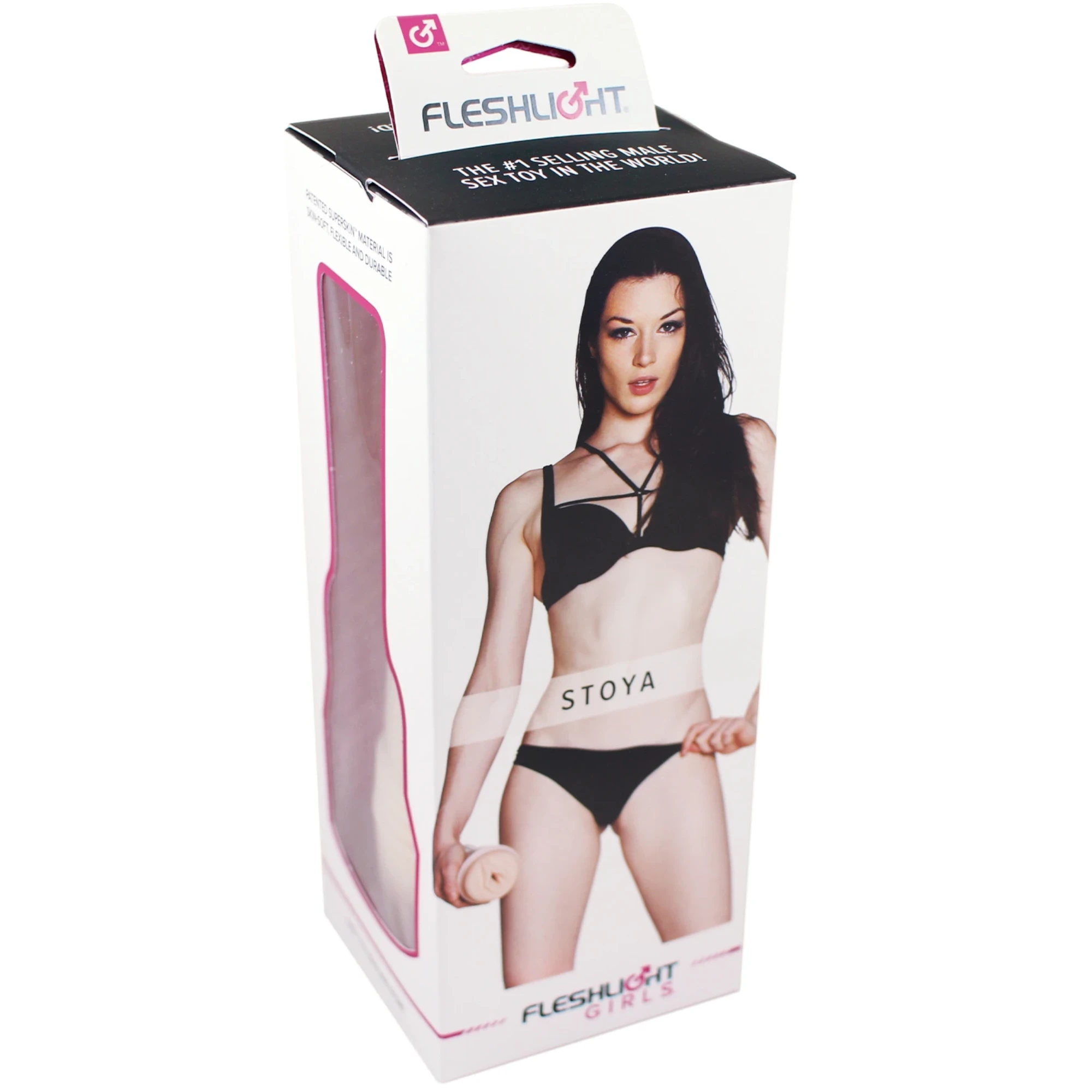 Fleshlight Stoya female masturbator packaging box shown from front displaying model photo, 'Stoya' branding, product image in window cutout showing pink TPE sleeve, Fleshlight Girls logo, 'The #1 Selling Women's Sex Toy in the World' text, and product details against white background
